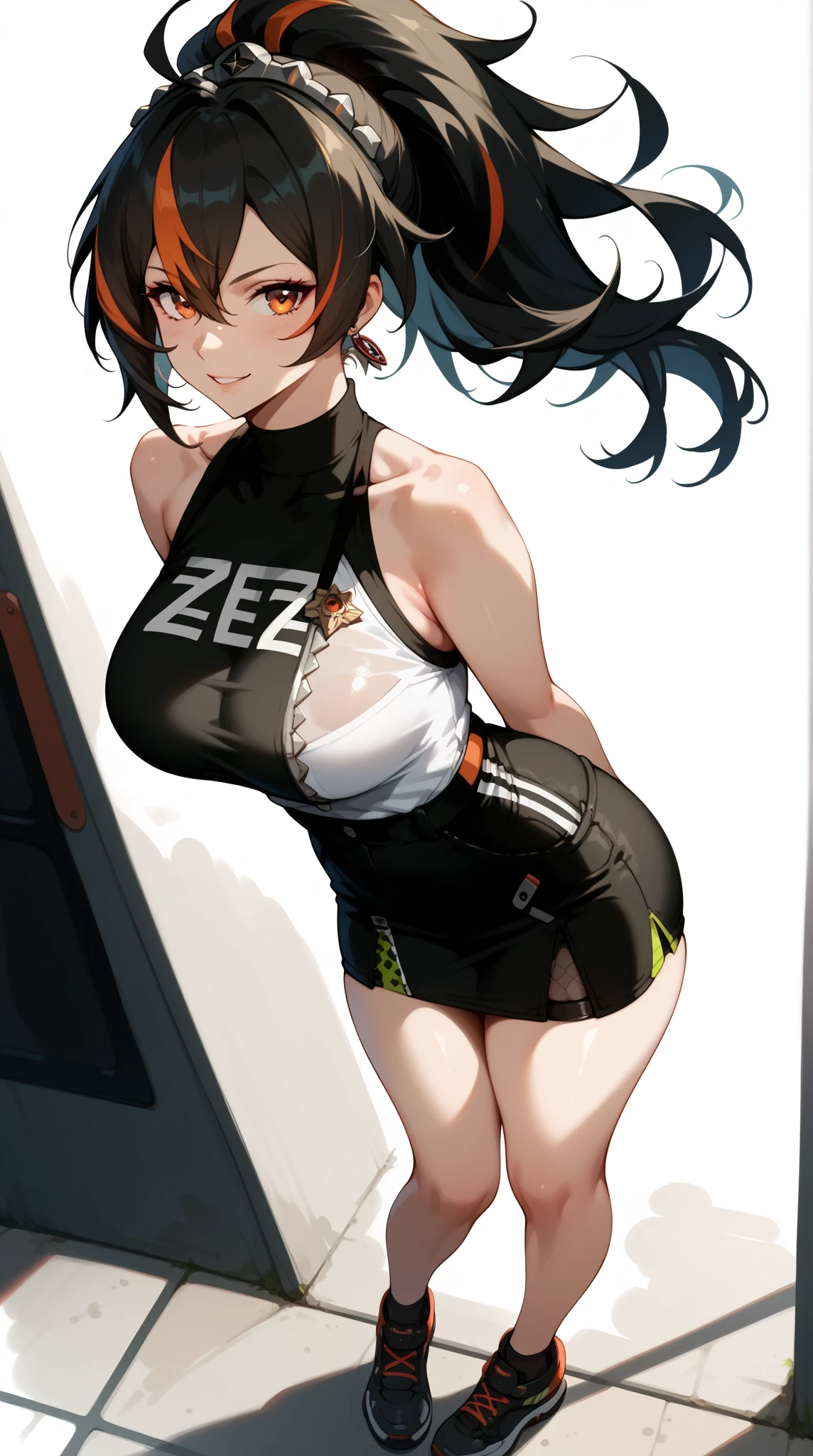 ((best quality)),solo,1girl,white wall baground, masterpiece,full-body,stand up,nsfw,Zhu Yuan from Zenless Zone Zero, with ponytail hair featuring black hair, STREAKED HAIR AT THE MIDDLE HAIR. Perfect body ,large breasts, looking at viewer,sad eyes,smile,tsundere, ((white slimfit tshirt)),sleeveless,mini black skirt, arms behind back, long beauty legs,front look