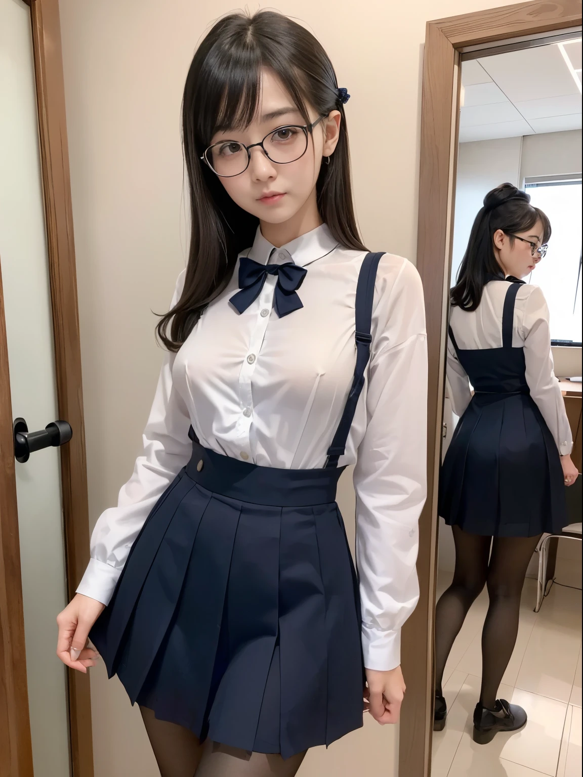 sexy pose there is a woman in a short skirt and a shirt posing, high socks, a surreal , surreal , real high school girl, Photorealistic anime girl rendering, realistic whole body, sakimichan hdri, surreal full figure, photorealistic perfect body, casual pose, seductive anime girl, Smooth anime CG art, from girls frontline anime girl perfect body in a very short skirt and a bow tie posing, a surreal , real high school girl, surreal , short full body portrait!, anime Full body illustration, April rendering, The tenacity of blue reflection, wearing a skirt, wearing a skirt, Cute 3d anime girl rendering, Full body illustration, hugeなchest, super short skirt, A shy girl, wearing glasses, Ponytail Long Hair, black hair, panties, mini skirt, short skirt, very short skirt, split button, thick, Masterpiece of sexy pose,highest quality,best illustrations,very detailed,1 girl,alone,,glamorous,blush, huge chest,big,((huge_chest)))