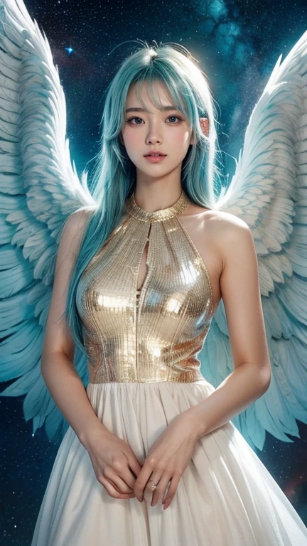 (masterpiece, best quality:1.4), (standing:1.5), (erotic pose:1.5), (full body:1), (looking at viewer:1.2), 1girl, shiny skin, night sky, full moon, Menphina, blue eyes, blue hair, crown, aqua eyes, aqua hair, luxury dress, white blue dress, pale skin, glowing eyes, golden armor arm, aqua_eyes, aqua_hair, jewelry, white_dress, crown, one wing, accidental exposure panties, seat, white panties, beautiful face, (highly detailed face), highly detailed eyes, highly detailed skin, skin pores, subsurface scattering, realistic pupils, medium breast, full face blush, full lips, detailed background, depth of field, volumetric lighting, sharp focus, absurdres, realistic proportions, good anatomy, (realistic, hyperrealistic:1.4), 16k hdr,