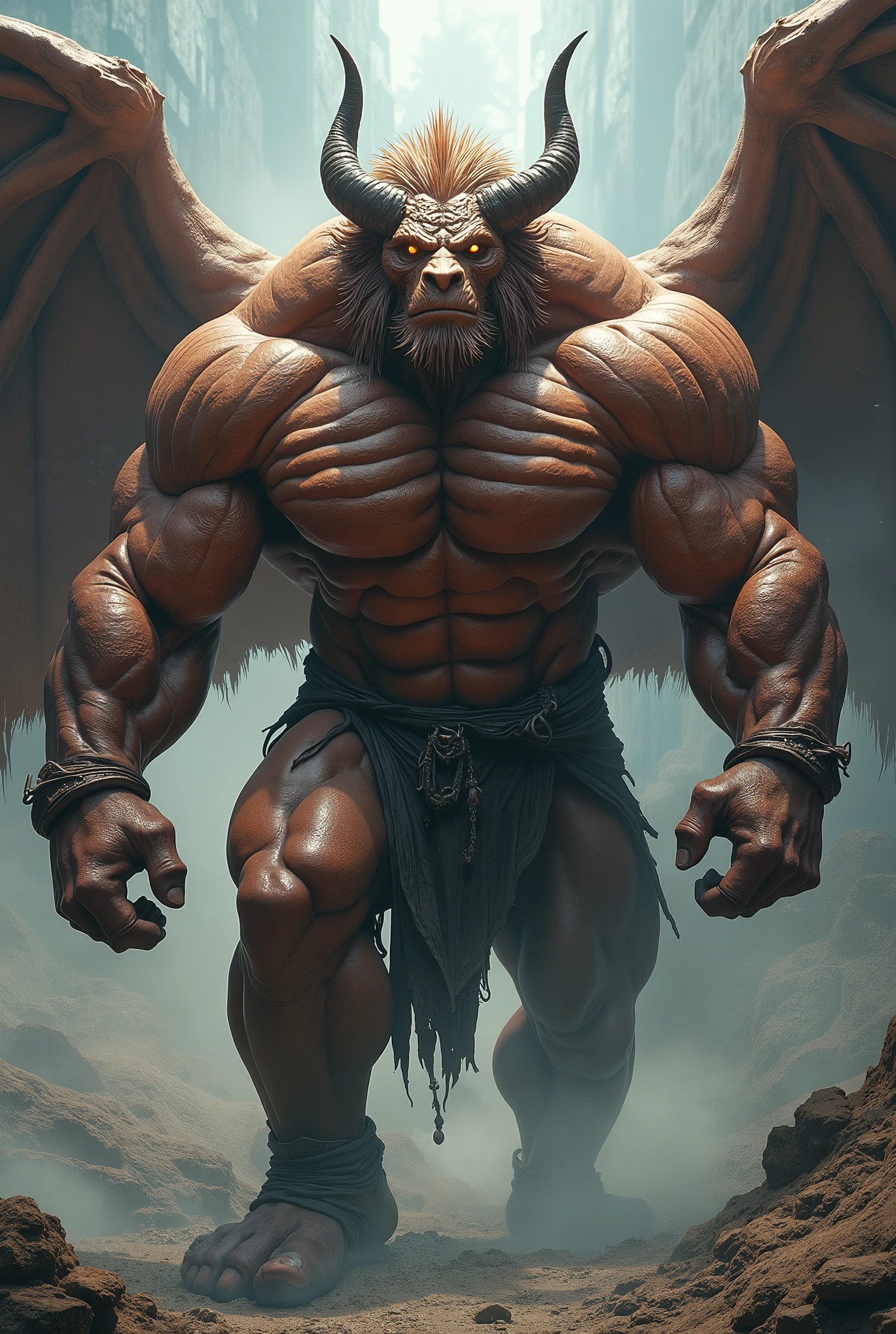 A being with a muscular body, strong, hairy arms, legs like a dog, but bigger and stronger, with the head of a reptile, with 3 pairs of horns, 2 wings, 2 tails with spikes, and sharp teeth