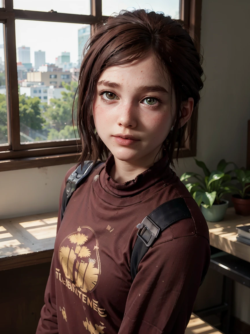 A stunning and intricate full color Ultra-HD portrait, a  girl, short brown hair, green eyes, detailed face, turtleneck dress or brown t-shirt, with 2 pale yellow palm tree logo, in a room with a window. no plants, epic character composition, alessio albi, nina masic, sharp focus, natural lighting. , subsurface dispersion, f2, 35mm,