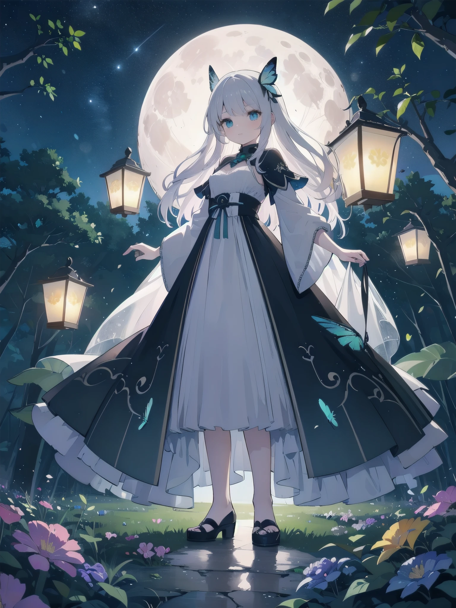 Ultra-high-resolution, magical atmosphere, vibrant colors, dynamic lighting. BREAK Girl with long silver hair, emerald eyes, in gown of leaves and flowers. Standing on giant tree branch over mystical forest with floating lanterns, glowing butterflies. Fantastical night sky with stars, large moon. Wide-angle shot, soft luminescent lighting, dreamy effects
