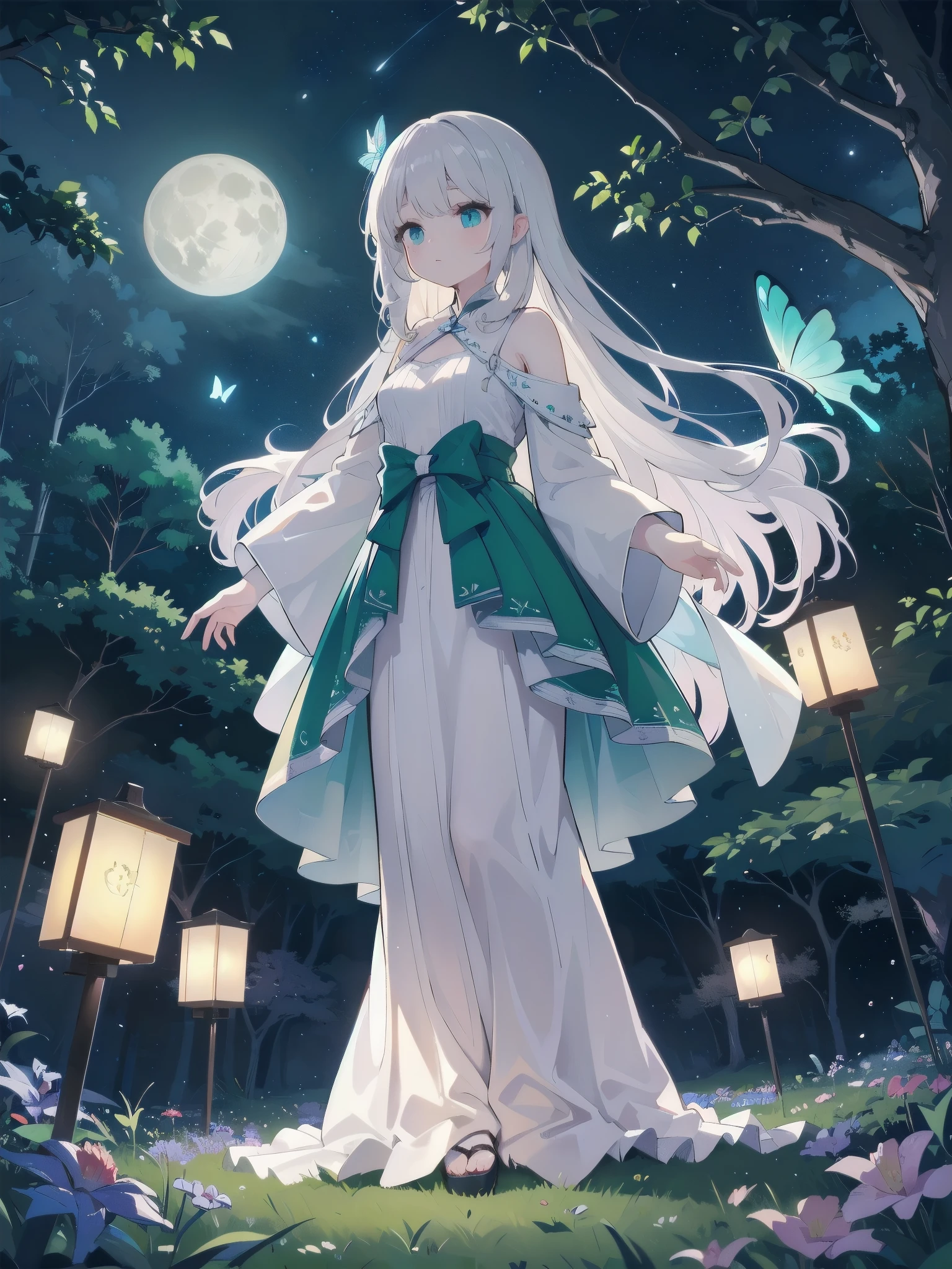 Ultra-high-resolution, magical atmosphere, vibrant colors, dynamic lighting. BREAK Girl with long silver hair, emerald eyes, in gown of leaves and flowers. Standing on giant tree branch over mystical forest with floating lanterns, glowing butterflies. Fantastical night sky with stars, large moon. Wide-angle shot, soft luminescent lighting, dreamy effects
