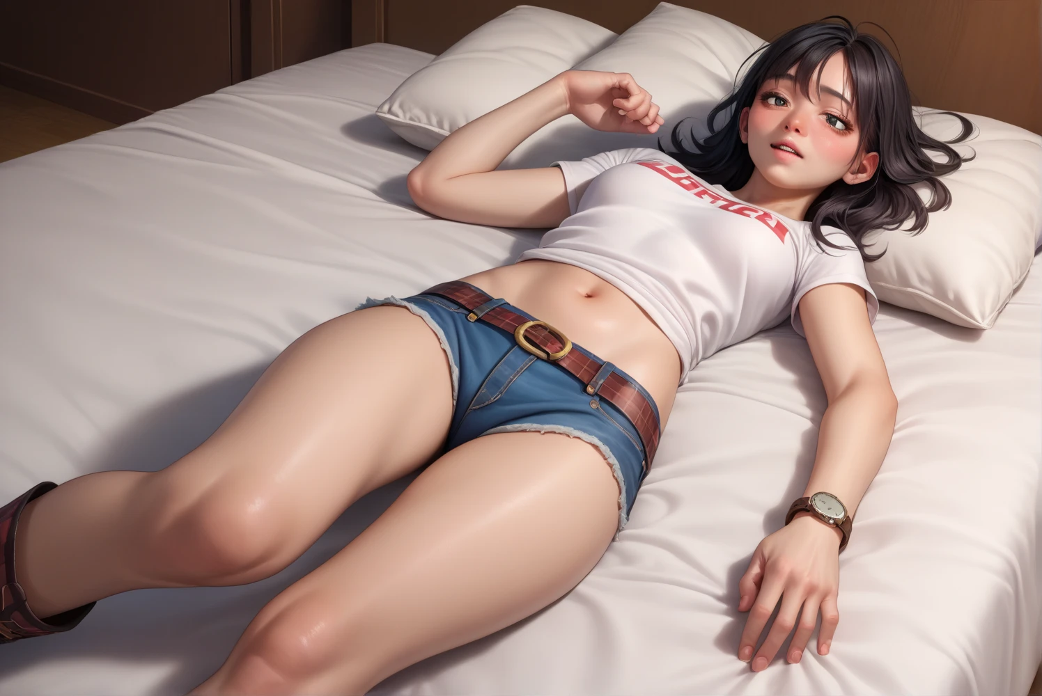 Japanese cowgirl , black hair,Large round eyes ,short sleeve western shirt with red and black plaid fringes,  denim hotpants,Western Belt, western boots , Wrist Watch ,Navel exposed,Drunk,hiccup, Above Knee Shots , open your eyes, lying in bed, super high resolution,16k