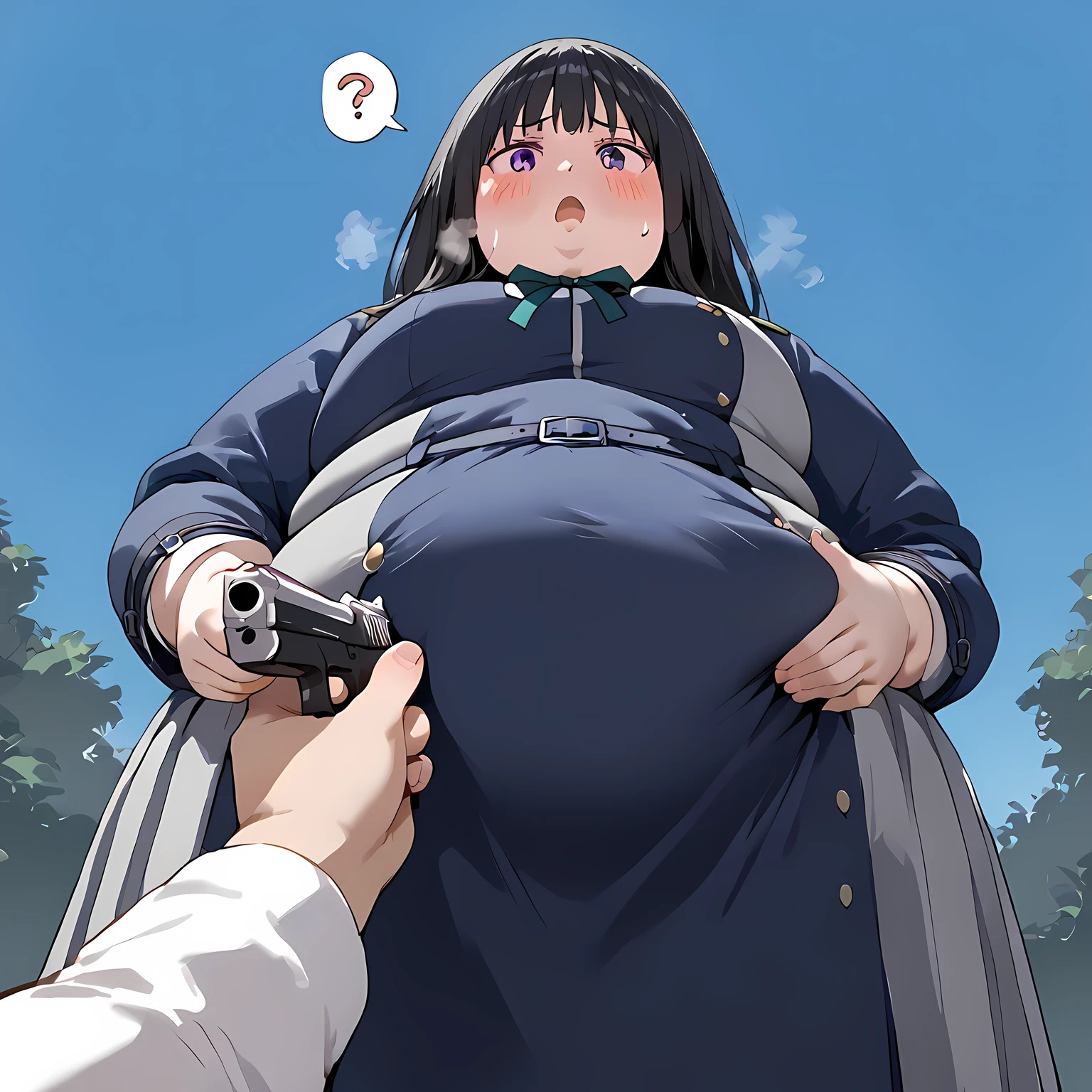 art by kipteitei, 1girl, brunette, straight hair, kunisaki nobara from the anime jujutsu kaisen, big plump belly, pretty face, nose, lips, beautiful eyes, (best quality, masterpiece, 4k, sharp focus), professional photograph, sharp focus, dramatic, award winning, cinematic lighting, octane render, unreal engine, volumetrics dtx,