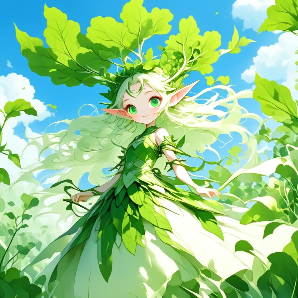 (  Masterpiece ,  best quality:1.2),  1 daikon lady , Warrior, cute, cute,  Elf's Pointed Ears , Alone, whole body, A strong smile, Green big eyes, Green leaves long hair , bangs, pointy ears, Pure white skin,  wearing green daikon leaves as costumes BREAK white sword, Long daikon shape BREAK blue sky 