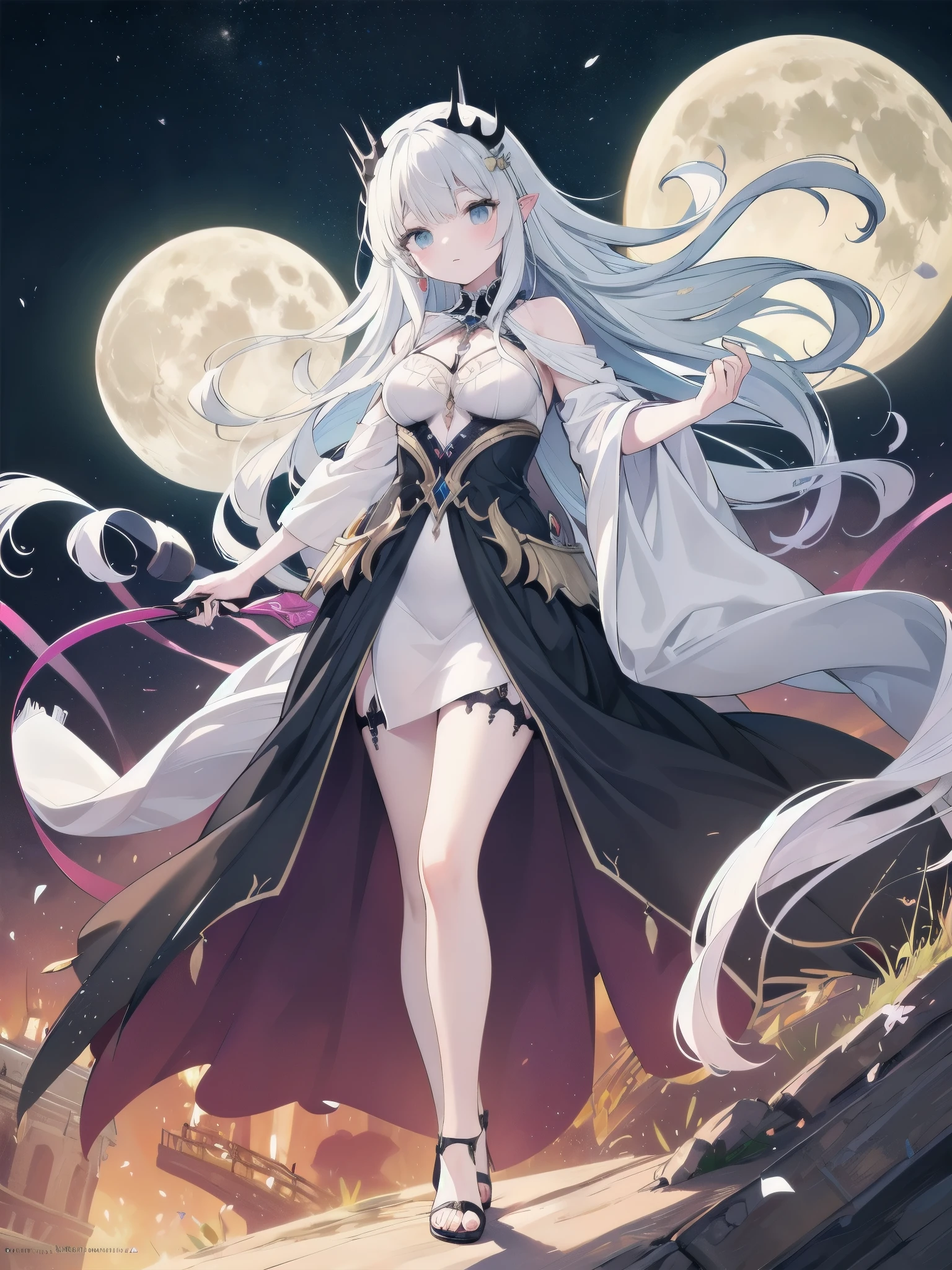 Ultra-detailed, high-resolution, cinematic lighting, 8K, photorealistic, vivid colors, masterful art, intricate details, smooth lines, sharp focus BREAK stunning woman standing atop a cliff overlooking a vast, mystical Halloween landscape; towering castles in the distance, a full moon illuminating the sky, swirling clouds; she wears an elaborate flowing gown with glowing runes, her hair billowing in the wind, confident and majestic pose