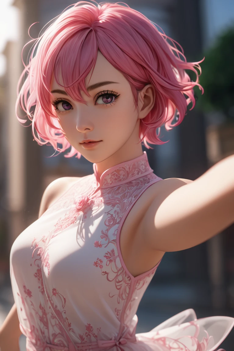 Masterpiece, top quality, ultra detail, beautiful detail, depth of field, dynamic angle, 8k wallpaper, portrait, best light and shadow quality, 4k, 8k, CG, fine details, blurry background, contemporary, transparent dress, beautiful eyes, beautiful splashes, Aira Shiratori Beautiful, Asymmetrical left curly short hair, Acrobatic pose, Stupid hair, Pink hair, Pink eyes, Big tits, Cowboy shot