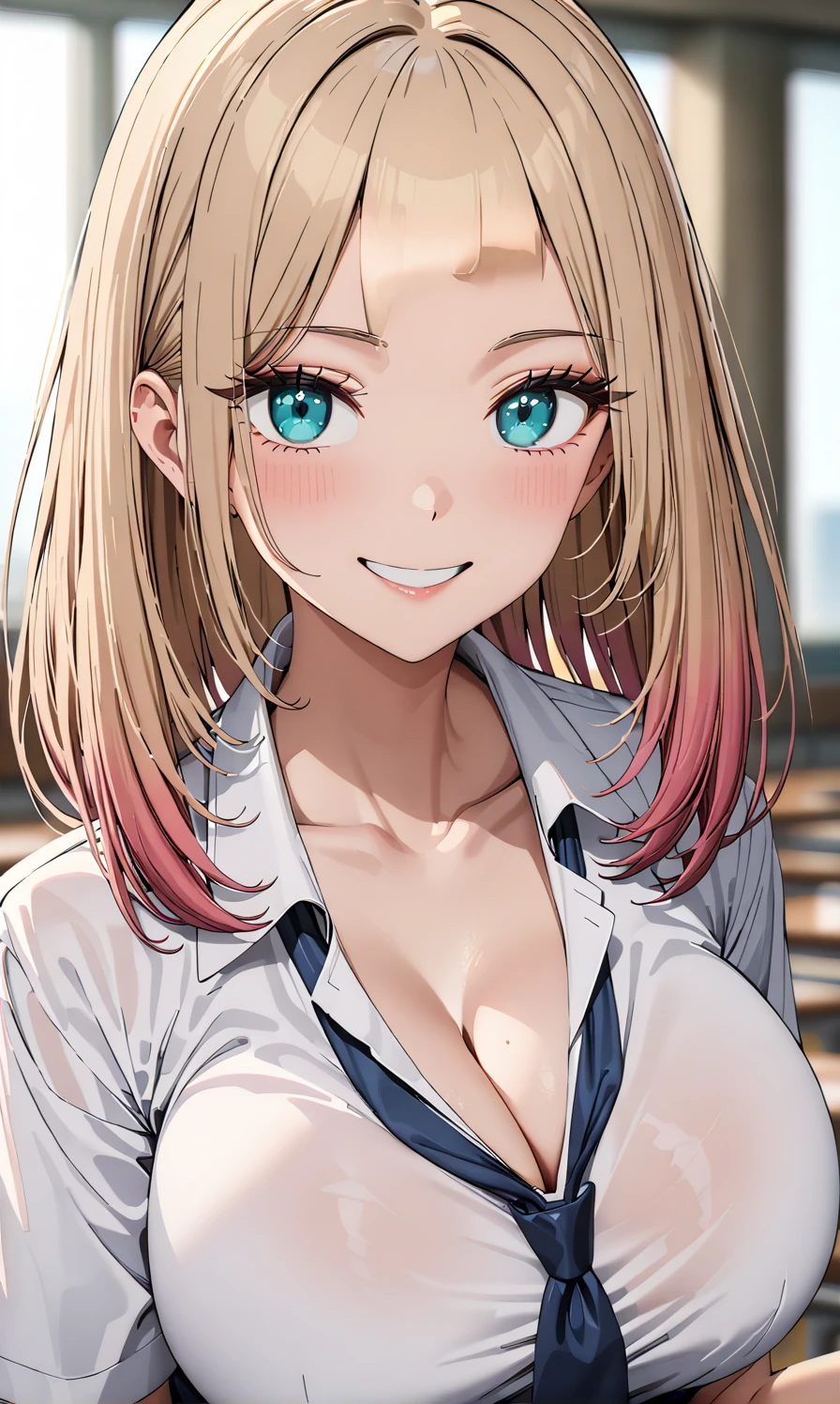 masterpiece, best quality, high quality, detailed, ultra detailed, hyper detailed, exquisite, insanely detailed, beautiful, FHD, Full-HD, 4K, 8k, 16k, highres, absurdres, ((1 woman:1.4, female)), ((big breast)), (thin khaki hair:1.4), (pastel hair), red hair, (short hair:1.2), gradient hair, head tilt, ((bob cut, medium hair:1.2)), ((school uniform, tie)), looking at viewer, ((shoulder-length hair)), (aqua Marin eyes, eyes wide open), voluptuous, improve, smile, ((forehead)), cleavage