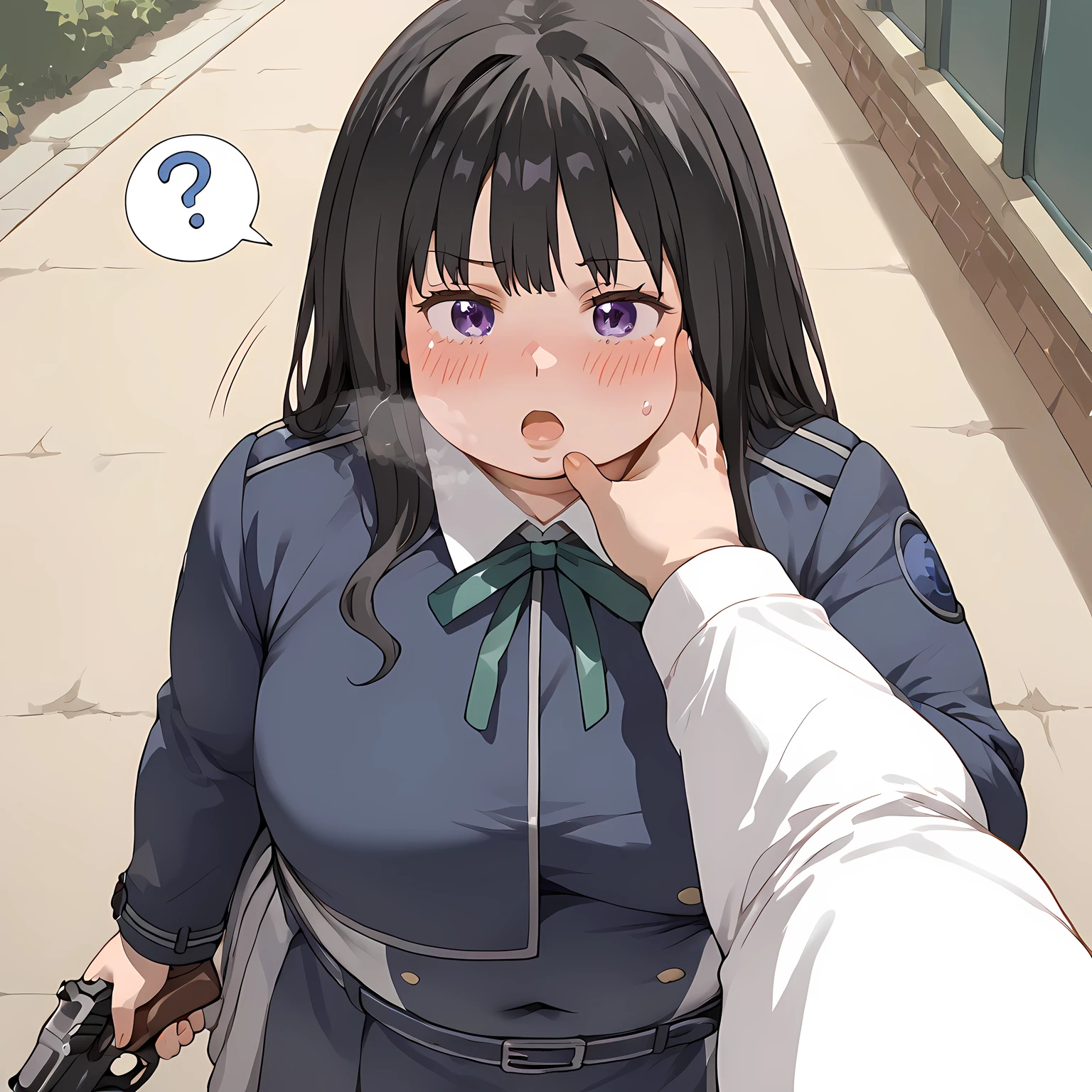 score_9, score_8_up, score_7_up, source_anime,Inoue_Takina,1girl, solo, purple eyes, lycoris uniform, long hair, blue dress, pleated dress, black hair, dress, socks, grey dress, two-tone dress, shirt, white shirt, outdoor, collared shirt, belt, green ribbon, neck ribbon, long sleeves, ribbon, blue belt, white socks,holding,holding gun, weapon,gun,holding weapon,holding,handgun,aimingswollen face, fat, chubby, obese, open mouth, out of breath, absurdres, highres icon, rating:General, confused, blush, spoken question mark, {flustered}, nervous sweating, portrait, pov hands, hand on another's cheek, averting eyes, [looking away], straight-on, from above,  upper body, masterpiece, best quality, ultra-detailed, high resolution, 8K, absurdres, highres icon,