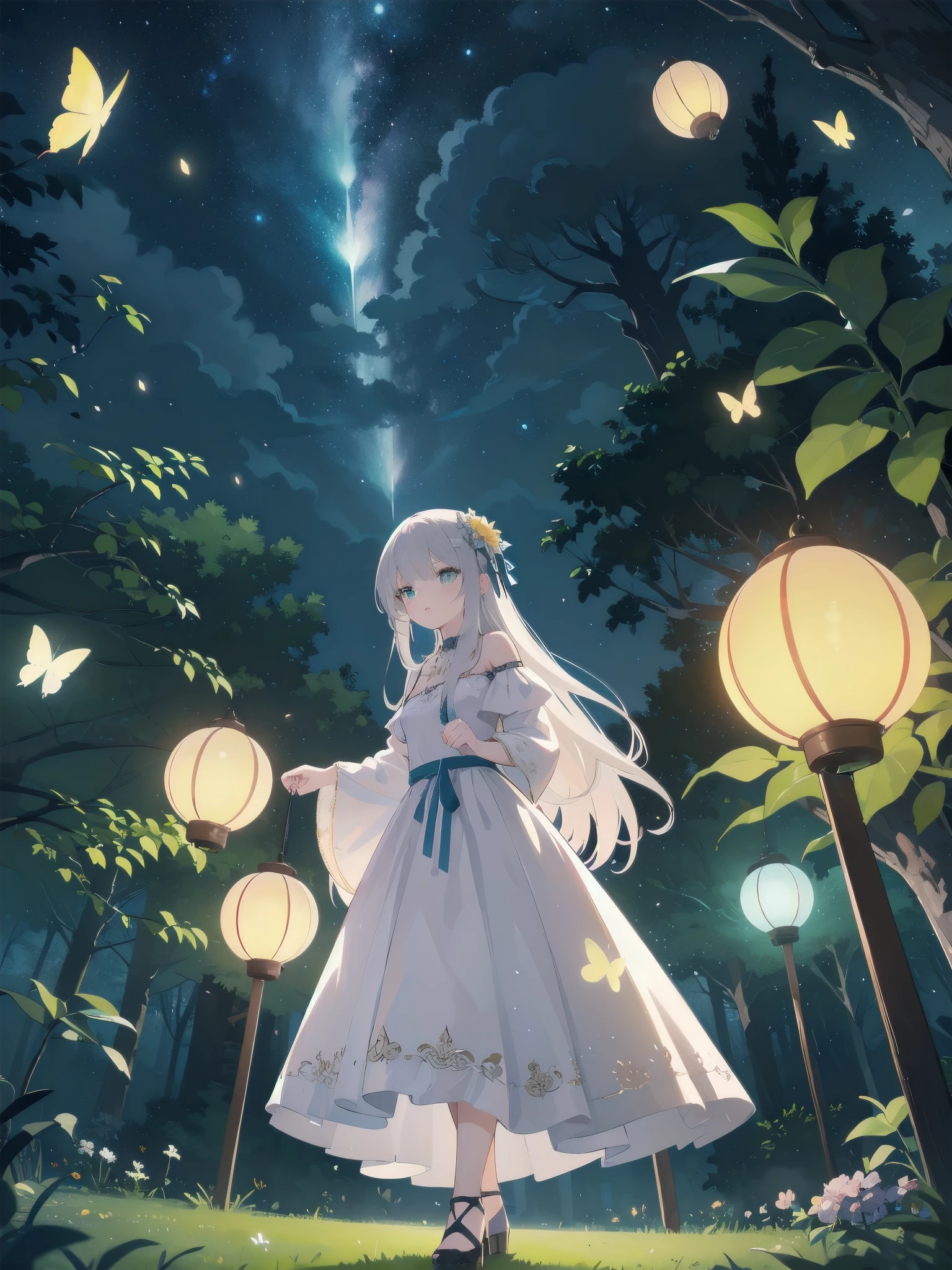 Ultra-high-resolution, magical atmosphere, vibrant colors, dynamic lighting. BREAK Girl with long silver hair, emerald eyes, in gown of leaves and flowers. Standing on giant tree branch over mystical forest with floating lanterns, glowing butterflies. Fantastical night sky with stars, large moon. Wide-angle shot, soft luminescent lighting, dreamy effects
