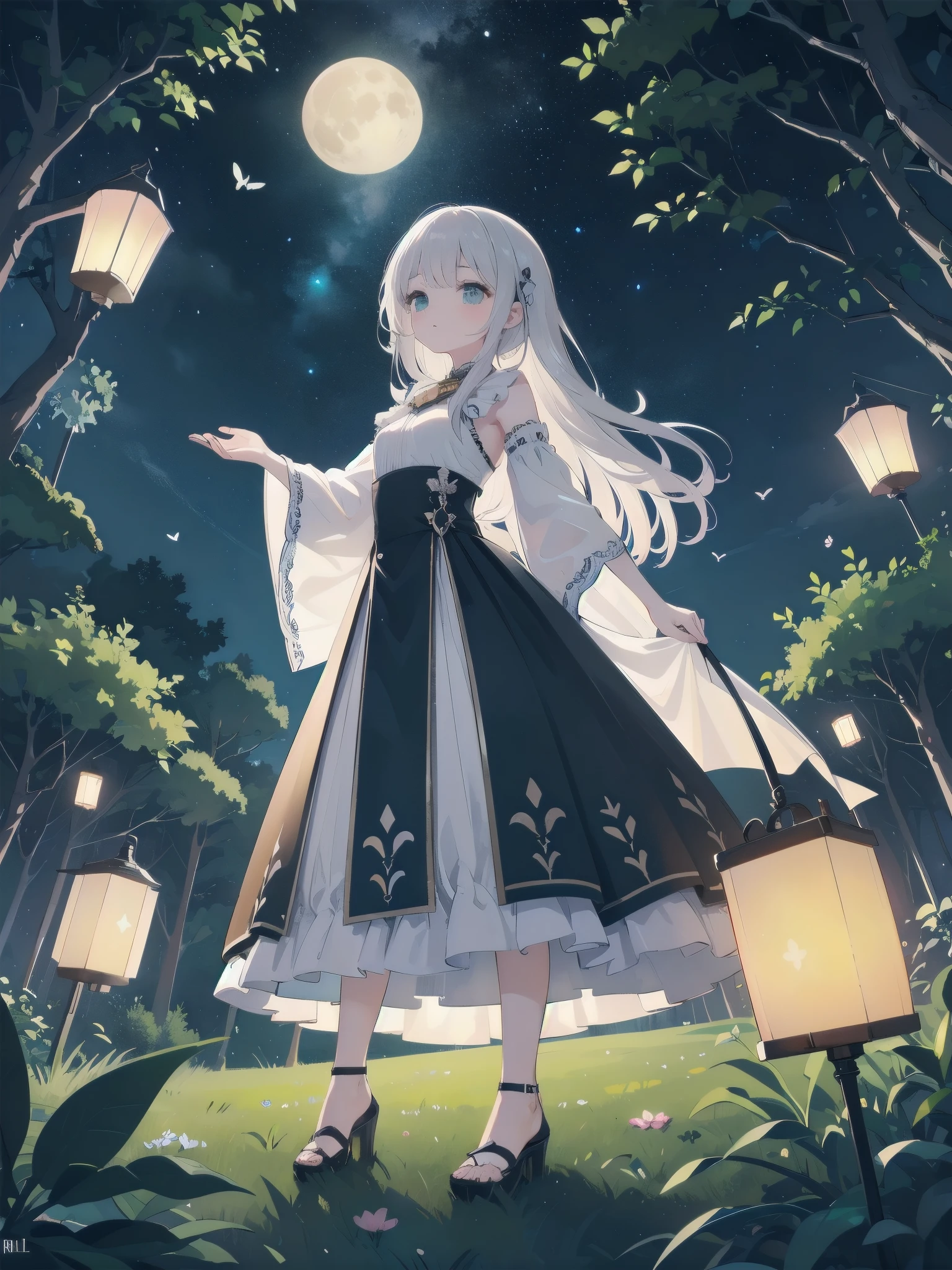 Ultra-high-resolution, magical atmosphere, vibrant colors, dynamic lighting. BREAK Girl with long silver hair, emerald eyes, in gown of leaves and flowers. Standing on giant tree branch over mystical forest with floating lanterns, glowing butterflies. Fantastical night sky with stars, large moon. Wide-angle shot, soft luminescent lighting, dreamy effects
