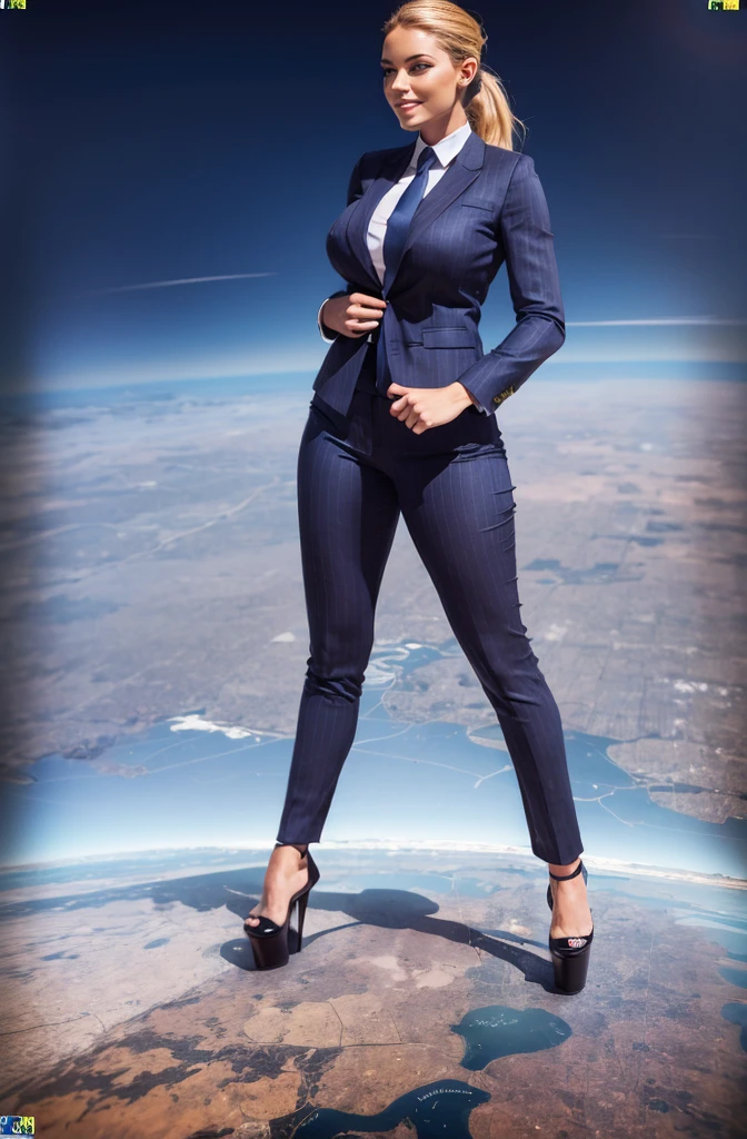 Giga Giantess art 1:4, highly detailed giga giantess shots, ginger hiar, bbw white woman full body view, 1000 miles tall giga giantess, giga giantess so massive the world is very small to her, huge breasts, light grey pinstriped 3 piece suit with trouser and blazer, white tailored shirt done up thick and very large Windsor knot navy blue tie, ties length reaches trousers, Has long full wavy ponytail, Wearing a pair of  polished platform heels Professional attire A look of enjoyment, Beautiful appearance, smile, horny (view from the ground)giga goddess, full body view, standing striaght, stepping on very tiny but massive continent, facing towards camera