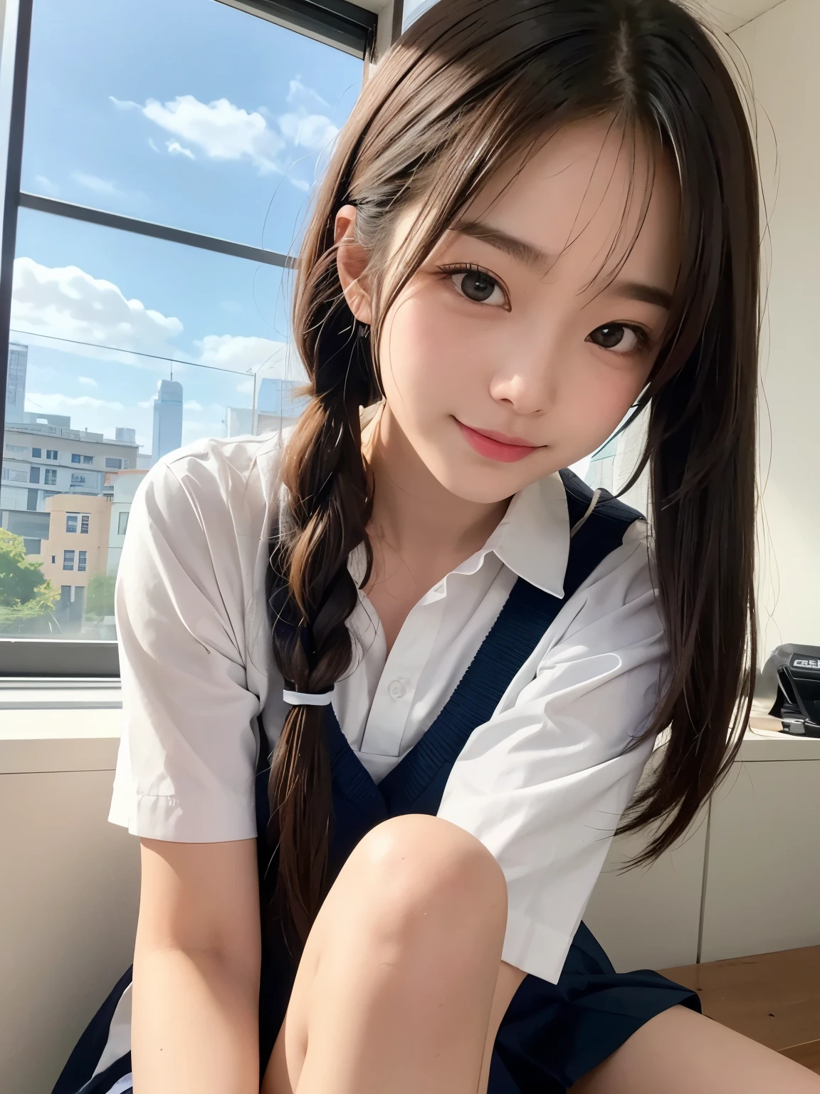 Sit in a study chair，年轻，(pinafore)，Light Blue Denim，teens girl，A dark-haired，Twin-tailed，poneyTail，delicate and petite body