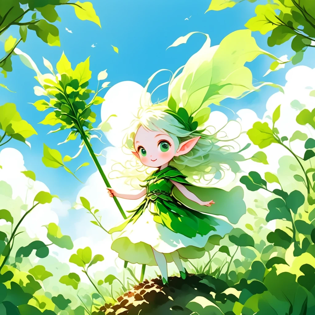 (masterpiece:1.2,  highres icon,  best quality:1.2),  1 daikon lady , Warrior, cute, cute,  Elf's Pointed Ears , Alone, whole body, A strong smile, Green big eyes, Green leaves long hair , bangs, pointy ears, Pure white skin,  wearing green daikon leaves as costumes BREAK white sword, Long daikon shape BREAK blue sky 