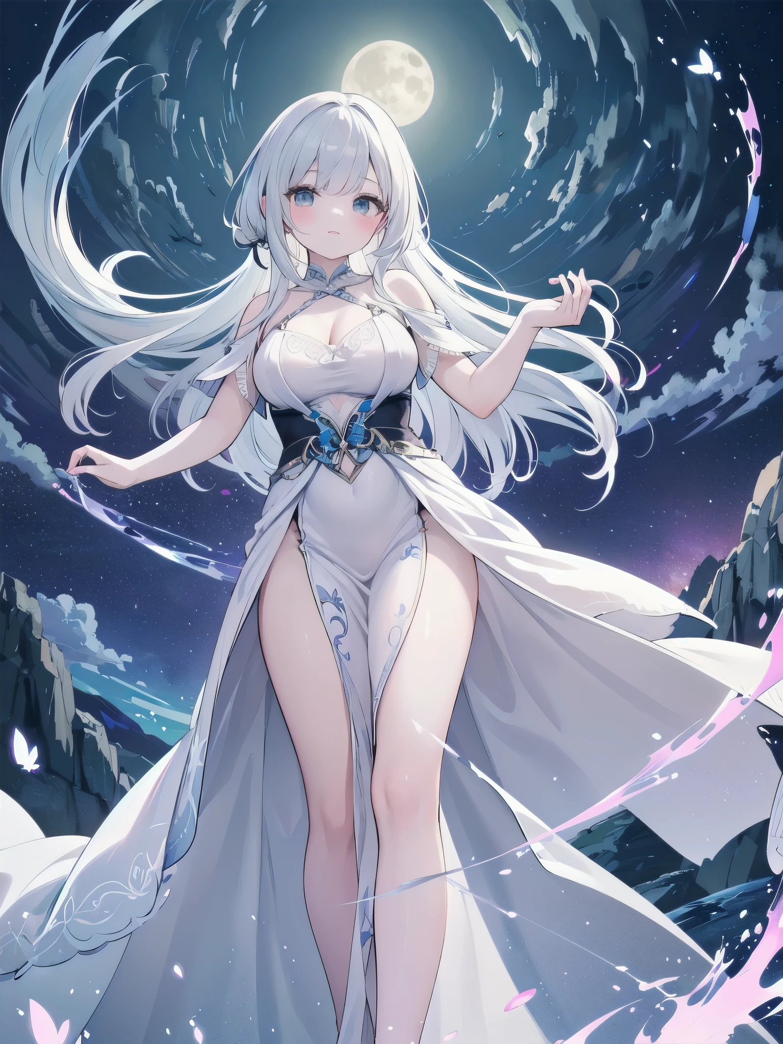 Ultra-detailed, high-resolution, cinematic lighting, 8K, photorealistic, vivid colors, masterful art, intricate details, smooth lines, sharp focus BREAK stunning woman standing atop a cliff overlooking a vast, mystical Halloween landscape; towering castles in the distance, a full moon illuminating the sky, swirling clouds; she wears an elaborate flowing gown with glowing runes, her hair billowing in the wind, confident and majestic pose