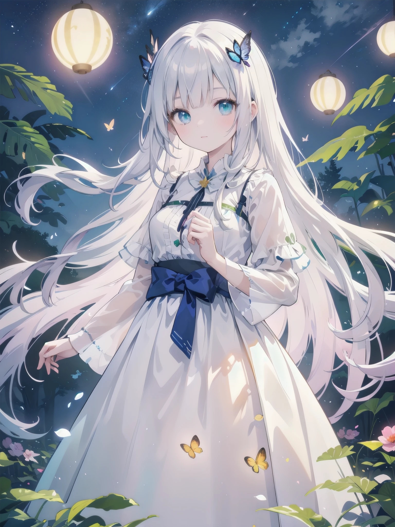 Ultra-high-resolution, magical atmosphere, vibrant colors, dynamic lighting. BREAK Girl with long silver hair, emerald eyes, in gown of leaves and flowers. Standing on giant tree branch over mystical forest with floating lanterns, glowing butterflies. Fantastical night sky with stars, large moon. Wide-angle shot, soft luminescent lighting, dreamy effects
