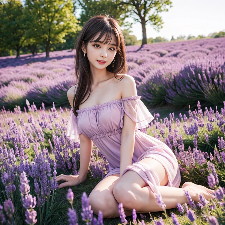 Full body nude photo, beautiful asian girls, 24 years old ,super model,cute face,full make up ,long curl hair , big brown eyes, high nose , medium breast , slender body ,170 cm tall, absolutely nake ,nude ,running on lavender field,wearing fairy headband,turn body toward the viewer