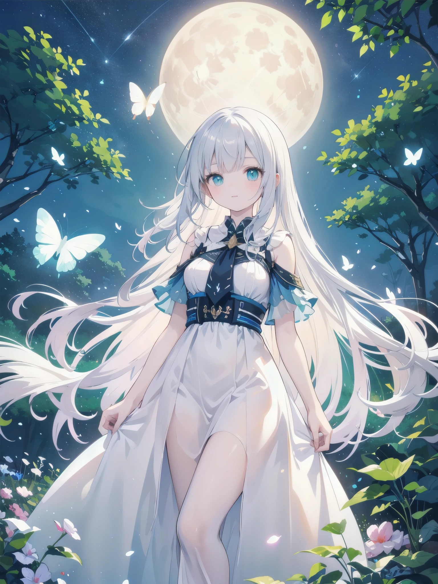 Ultra-high-resolution, magical atmosphere, vibrant colors, dynamic lighting. BREAK Girl with long silver hair, emerald eyes, in gown of leaves and flowers. Standing on giant tree branch over mystical forest with floating lanterns, glowing butterflies. Fantastical night sky with stars, large moon. Wide-angle shot, soft luminescent lighting, dreamy effects
