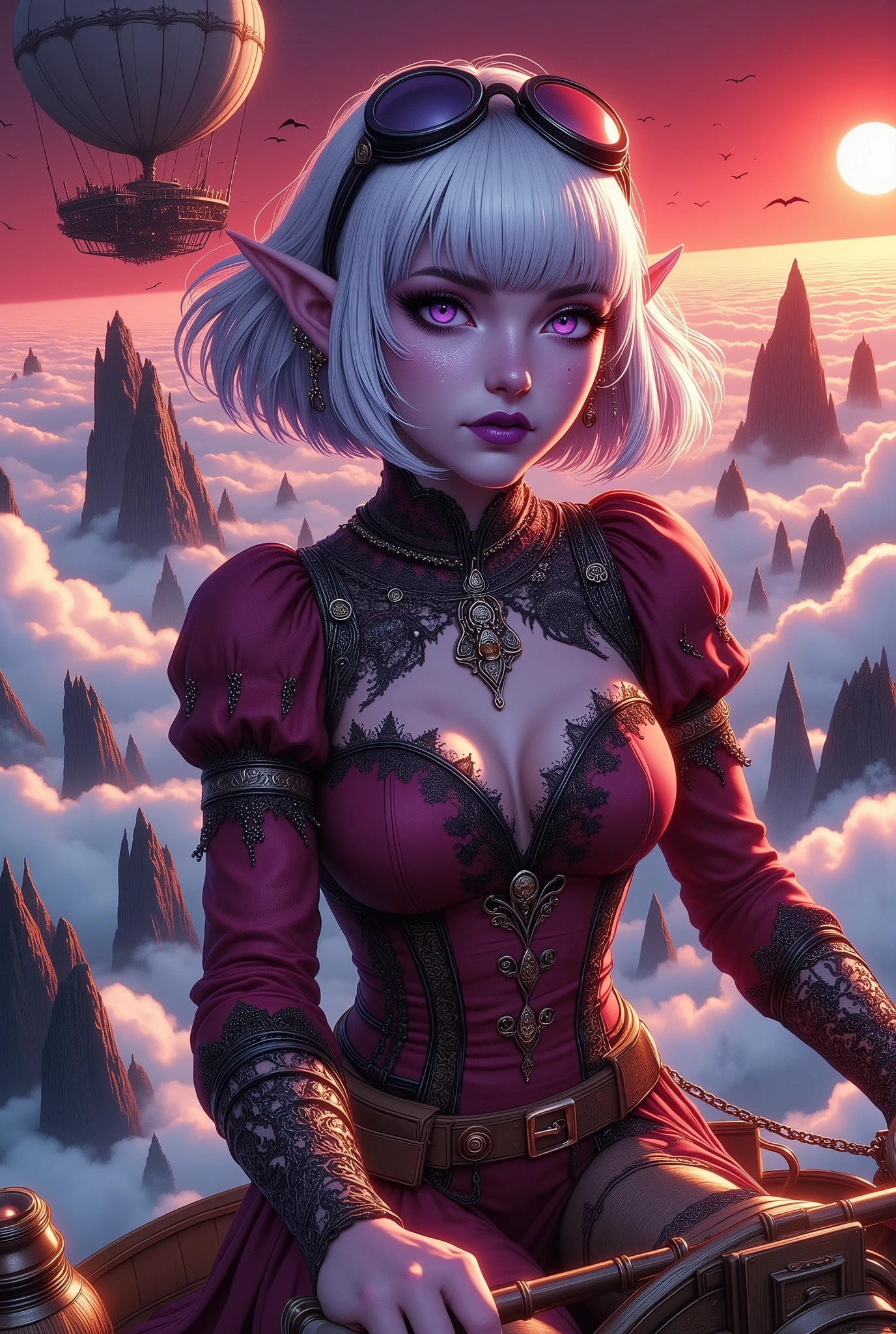 (Ultra-detailed face, Looking away, Fantasy Illustration with Gothic, Dark tone colors, ((Perspective looking down at the shadow of the flying bird reflected in the sea of clouds.))), BREAK 
(A dark elf female airship rider is piloting a steampunk-style airship powered by a crystal that traps the spirit of the wind at high speed as she looks down on the sea of clouds from above. The clouds reflect the wing-spread shadow of a huge bird of prey ornithopter flying further above the flying boat. The airship is being targeted and attacked by the bird beast.), BREAK 
(A young female dark elf amphibian rider has white hair, white eyebrows, blunt bangs, windswept hair down to her feet, small pink lips, dark purple skin, and thick eyeliner.), BREAK 
(The female dark elf aviator wears goggles shifted across her forehead and a wind scarf around her neck. She wears a tight, vermilion velour lace-up dress with a printed seagull pattern with lace ruffles. She wears a red necklace and bracelet with a scorpion motif.), BREAK 
(We are at 3,000 meters above the ground. She is looking down on a sea of clouds and is illuminated by the red sun's rays. The airship is flying above the sea of clouds at high speed, leaving a trail of light. A bird of prey, a magical beast, is flying above the airship, swooping down to attack the airship, scratching it with its claws and spitting flames from its beak.)