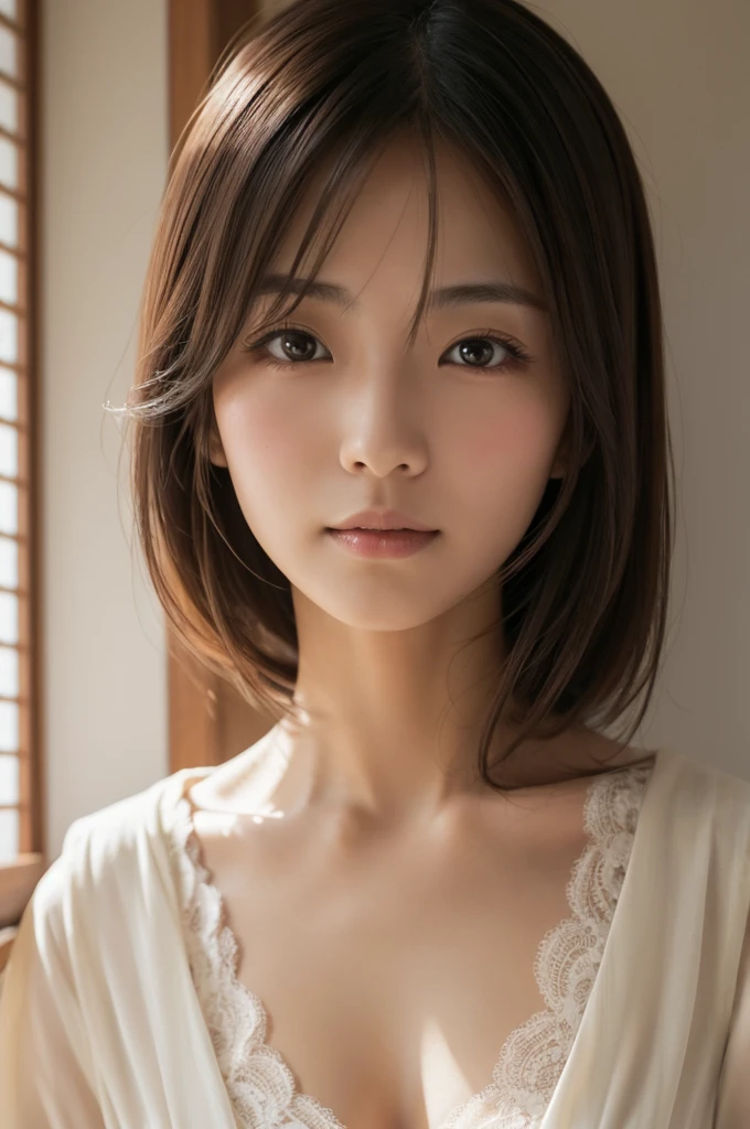 best quality, face focus, soft light, (depth of field) ,ultra high res, (photorealistic:1.4), RAW photo, (moody lighting, night:1.2), bedroom,
(upper thigh:1.4)
1japanese girl, solo, cute, kawaii, (shy, smile:1.1), (brown eyes), natural face, (short hair),
(sit on gray linen chair)
BREAK
(white naked oversize t-shirt:1.2)