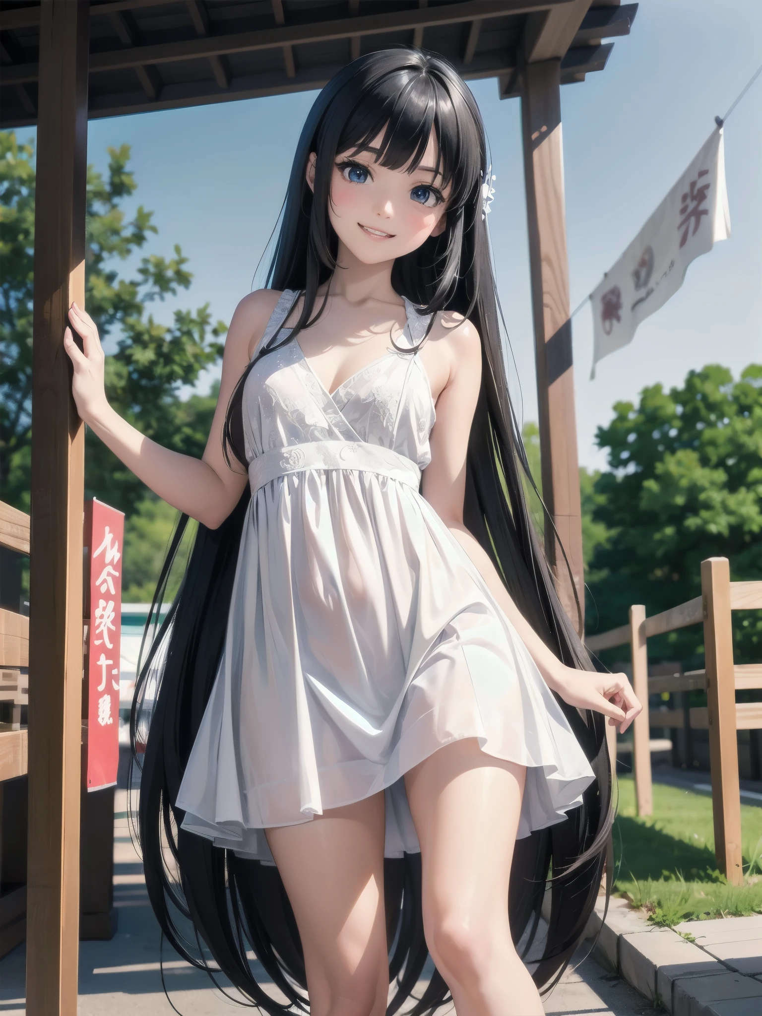 school festival venue is beautifully detailed and features a Japanese anime-style background. The main heroine is wearing a white dress and is posed in a cute pose with her right leg stretched out in front and left leg pulled back. She has black shoulder-length straight hair, blue round eyes, and a small mouth with a smile. This charming illustration will stick with those who like Japanese illustrations and anime