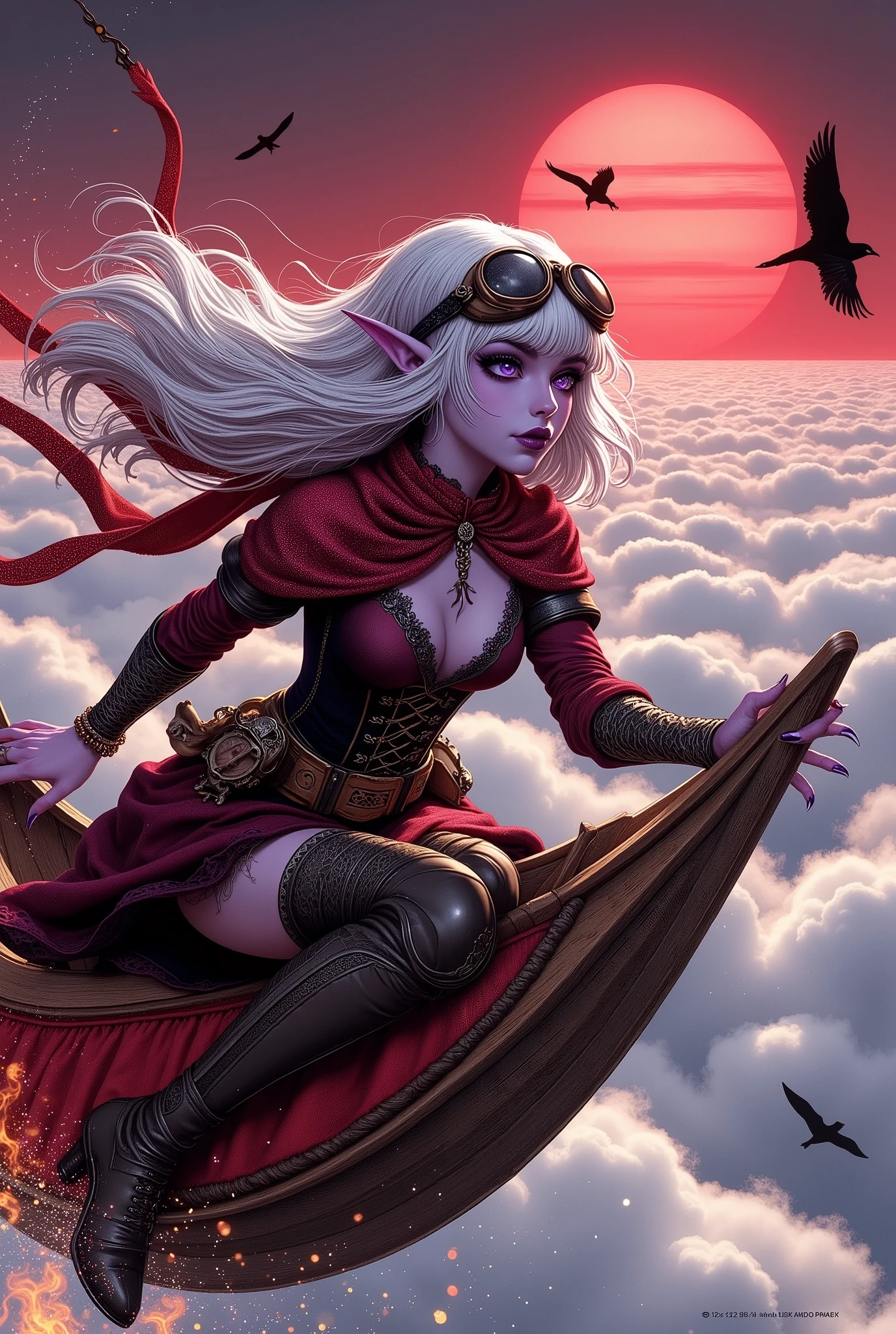 (Ultra-detailed face, Looking away, Fantasy Illustration with Gothic, Dark tone colors, ((Perspective looking down on the silhouette of the flying bird reflected in the sea of clouds.))), BREAK 
(A dark elf female airship rider is piloting a steampunk-style sailboat-like airship powered by a crystal that traps the spirit of the wind at high speed, looking down on the sea of clouds from above the clouds. The clouds reflect the wing-spread shadow of a huge bird of prey ornithopter flying further above the flying boat. The airship is being targeted and attacked by the bird beast.), BREAK 
(A young female dark elf amphibian rider has white hair, white eyebrows, blunt bangs, windswept hair down to her feet, small pink lips, dark purple skin, and thick eyeliner.), BREAK 
(The female dark elf aviator wears goggles shifted across her forehead and a wind scarf around her neck. She wears a tight, vermilion velour lace-up dress with a printed seagull pattern with lace ruffles. She wears a red necklace and bracelet with a scorpion motif.), BREAK 
(We are at 3,000 meters above the ground. She is looking down on a sea of clouds and is illuminated by the red sun's rays. The airship is flying above the sea of clouds at high speed, leaving a trail of light. A bird of prey, a magical beast, is flying above the airship, swooping down to attack the airship, scratching it with its claws and spitting flames from its beak.)