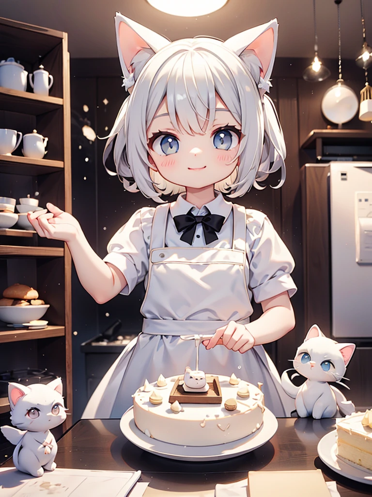 Siamese cat、kitten、 white and gray body hair 、 cooking、Making a cake、Smile、