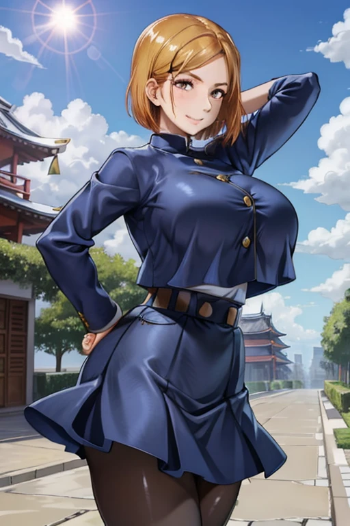 NobaraSU1,1girl, solo, short hair, orange hair, , brown eyes, looking at viewer, bangs, cowboy shot, skirt, long sleeves, high-waist skirt, smile, gigantic breasts, pantyhose, black pantyhose, wide hips, blue skirt,  turtleneck, sweatdrop, hair behind ear, blue jacket, blue clothes,  belt,shiny hair, buttons, crop top overhang,  hourglass figure, outdoors, blue sky, clouds, trees, bushes, pagoda, buildings, sunshine, looking back, standing, arms in hips,  closed mouth,  BREAK
masterpiece, best quality, highly detailed background, perfect lightingbest quality, ((shiny skin, glossy skin, detailed skin))