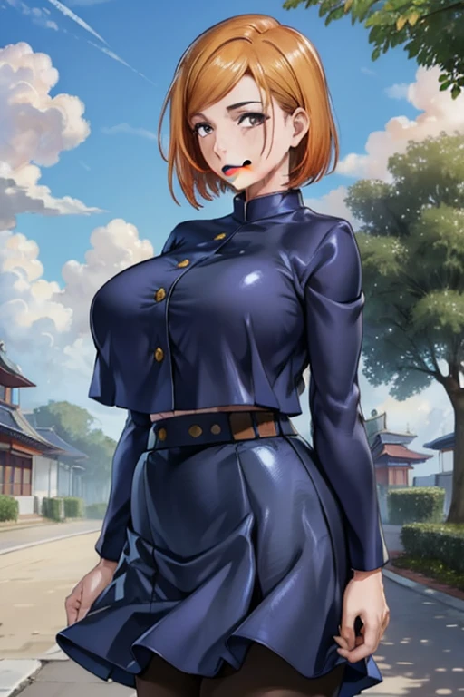 NobaraSU1,1girl, solo, short hair, orange hair, , brown eyes, looking at viewer, bangs, cowboy shot, skirt, long sleeves, high-waist skirt, smile, gigantic breasts, pantyhose, black pantyhose, wide hips, blue skirt,  turtleneck, sweatdrop, hair behind ear, blue jacket, blue clothes,  belt,shiny hair, buttons, crop top overhang,  hourglass figure, outdoors, blue sky, clouds, trees, bushes, pagoda, buildings, sunshine, looking back, standing, arms in hips,  closed mouth,  BREAK
masterpiece, best quality, highly detailed background, perfect lightingbest quality, ((shiny skin, glossy skin, detailed skin))