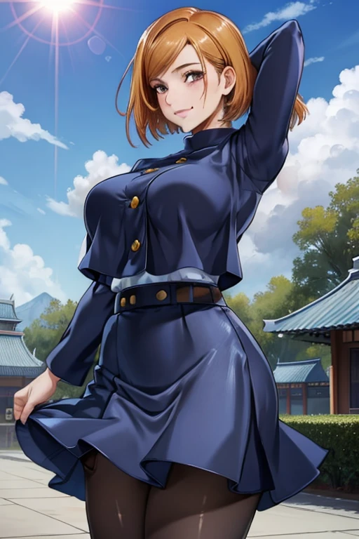 NobaraSU1,1girl, solo, short hair, orange hair, , brown eyes, looking at viewer, bangs, cowboy shot, skirt, long sleeves, high-waist skirt, smile, gigantic breasts, pantyhose, black pantyhose, wide hips, blue skirt,  turtleneck, sweatdrop, hair behind ear, blue jacket, blue clothes,  belt,shiny hair, buttons, crop top overhang,  hourglass figure, outdoors, blue sky, clouds, trees, bushes, pagoda, buildings, sunshine, looking back, standing, arms in hips,  closed mouth,  BREAK
masterpiece, best quality, highly detailed background, perfect lightingbest quality, ((shiny skin, glossy skin, detailed skin))