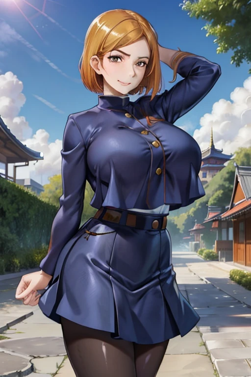 NobaraSU1,1girl, solo, short hair, orange hair, , brown eyes, looking at viewer, bangs, cowboy shot, skirt, long sleeves, high-waist skirt, smile, gigantic breasts, pantyhose, black pantyhose, wide hips, blue skirt,  turtleneck, sweatdrop, hair behind ear, blue jacket, blue clothes,  belt,shiny hair, buttons, crop top overhang,  hourglass figure, outdoors, blue sky, clouds, trees, bushes, pagoda, buildings, sunshine, looking back, standing, arms in hips,  closed mouth,  BREAK
masterpiece, best quality, highly detailed background, perfect lightingbest quality, ((shiny skin, glossy skin, detailed skin))