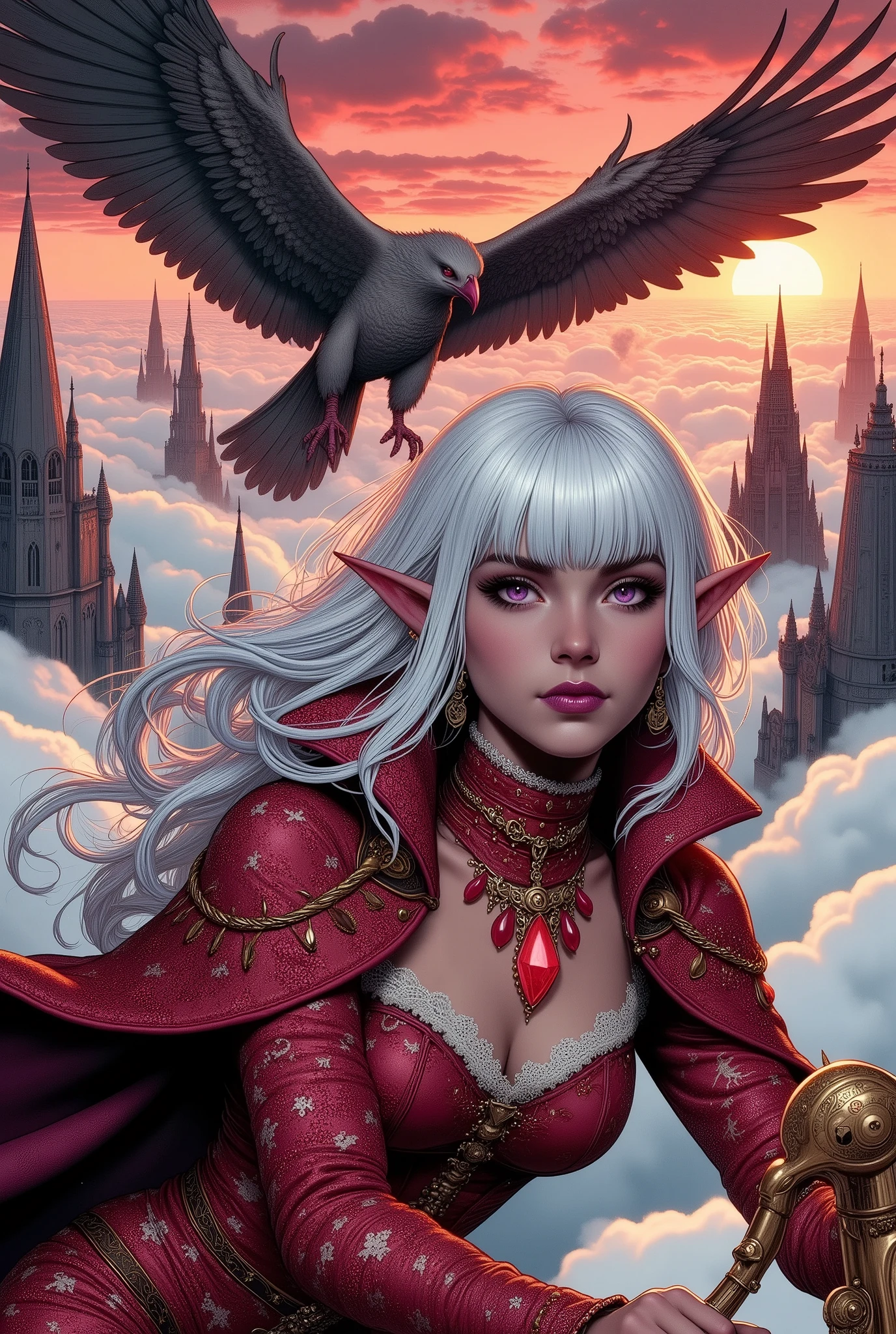 (Ultra-detailed face, Looking away, Fantasy Illustration with Gothic, Dark tone colors, Perspective looking down on the sea of clouds.), BREAK 
(A dark elf female airship rider is piloting a steampunk-style airship powered by a crystal that traps the spirit of the wind at high speed as she looks down on the sea of clouds from above. The clouds reflect the wing-spread shadow of a huge bird of prey ornithopter flying further above the flying boat. The airship is being targeted and attacked by the bird beast.), BREAK 
(A young female dark elf amphibian rider has white hair, white eyebrows, blunt bangs, windswept hair down to her feet, small pink lips, dark purple skin, and thick eyeliner.), BREAK 
(The female dark elf aviator wears goggles shifted across her forehead and a wind scarf around her neck. She wears a tight, vermilion velour lace-up dress with a printed seagull pattern with lace ruffles. She wears a red necklace and bracelet with a scorpion motif.), BREAK 
(We are at 3,000 meters above the ground. She is looking down on a sea of clouds and is illuminated by the red sun's rays. The airship is flying above the sea of clouds at high speed, leaving a trail of light. A bird of prey, a magical beast, is flying above the airship, swooping down to attack the airship, scratching it with its claws and spitting flames from its beak.)