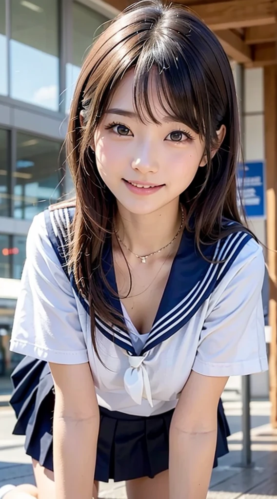 highest quality、face focus、soft light、(Depth of bounds written)、Super high resolution、sailor suit、red ribbon、JK、high school girl uniform、(Photoreal:1.4)、Raw photo、(on lap:1.4)、standing position(full of embarrassment、laughter:1.1)、(brown eyes)、detailed beautiful face、(hair length)、high angle shot、center view、Two arafe asian women standing on a neon street at midnight、Phenomenally cute girl、japanese girl、surreal high school girl、high school girl pose、Full body Esbian、nice skin、glowing skin、nice thighs、Shining thighs、shining legs、on lapの黒いハイソックス、Japanese high school 、Nogizaka Idol、korean idol、please invite me inside、((inviting eyes))