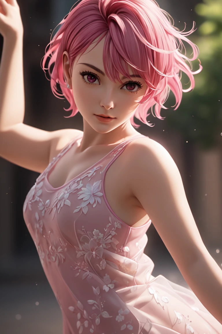 Masterpiece, top quality, ultra detail, beautiful detail, depth of field, dynamic angle, 8k wallpaper, portrait, best light and shadow quality, 4k, 8k, CG, fine details, blurry background, contemporary, transparent dress, beautiful eyes, beautiful splashes, Aira Shiratori Beautiful, Asymmetrical left curly short hair, Acrobatic pose, Stupid hair, Pink hair, Pink eyes, Big tits, Cowboy shot