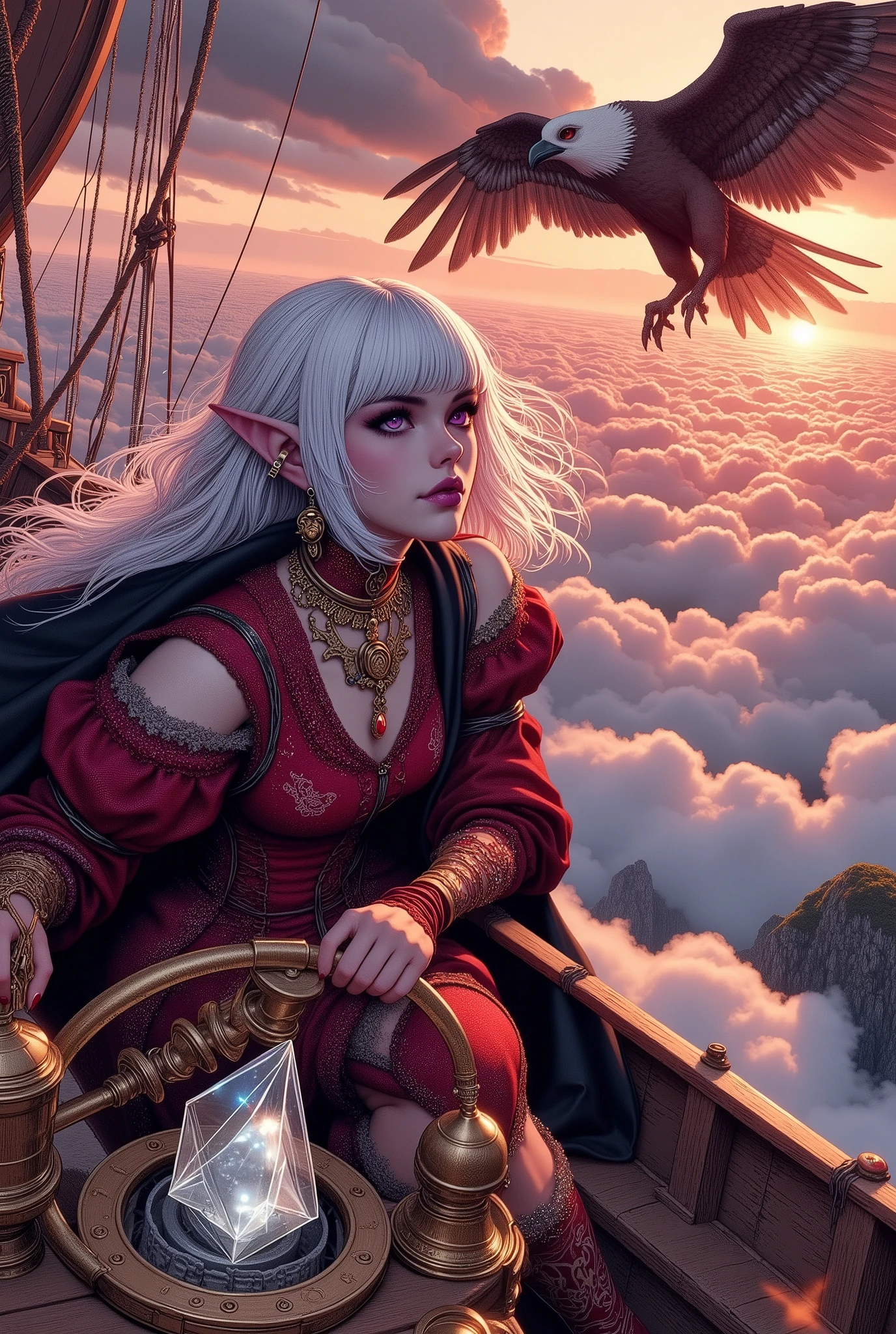 (Ultra-detailed face, Looking away, Fantasy Illustration with Gothic, Dark tone colors, Perspective looking down on the sea of clouds.), BREAK 
(A dark elf female airship rider is piloting a steampunk-style airship powered by a crystal that traps the spirit of the wind at high speed as she looks down on the sea of clouds from above. The clouds reflect the wing-spread shadow of a huge bird of prey ornithopter flying further above the flying boat. The airship is being targeted and attacked by the bird beast.), BREAK 
(A young female dark elf amphibian rider has white hair, white eyebrows, blunt bangs, windswept hair down to her feet, small pink lips, dark purple skin, and thick eyeliner.), BREAK 
(The female dark elf aviator wears goggles shifted across her forehead and a wind scarf around her neck. She wears a tight, vermilion velour lace-up dress with a printed seagull pattern with lace ruffles. She wears a red necklace and bracelet with a scorpion motif.), BREAK 
(We are at 3,000 meters above the ground. She is looking down on a sea of clouds and is illuminated by the red sun's rays. The airship is flying above the sea of clouds at high speed, leaving a trail of light. A bird of prey, a magical beast, is flying above the airship, swooping down to attack the airship, scratching it with its claws and spitting flames from its beak.)