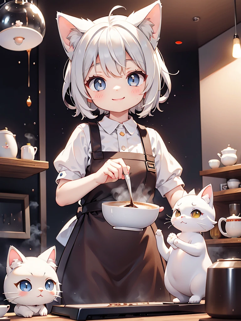 Siamese cat、kitten、 white and gray body hair 、 cooking、 is brewing coffee、Smile、