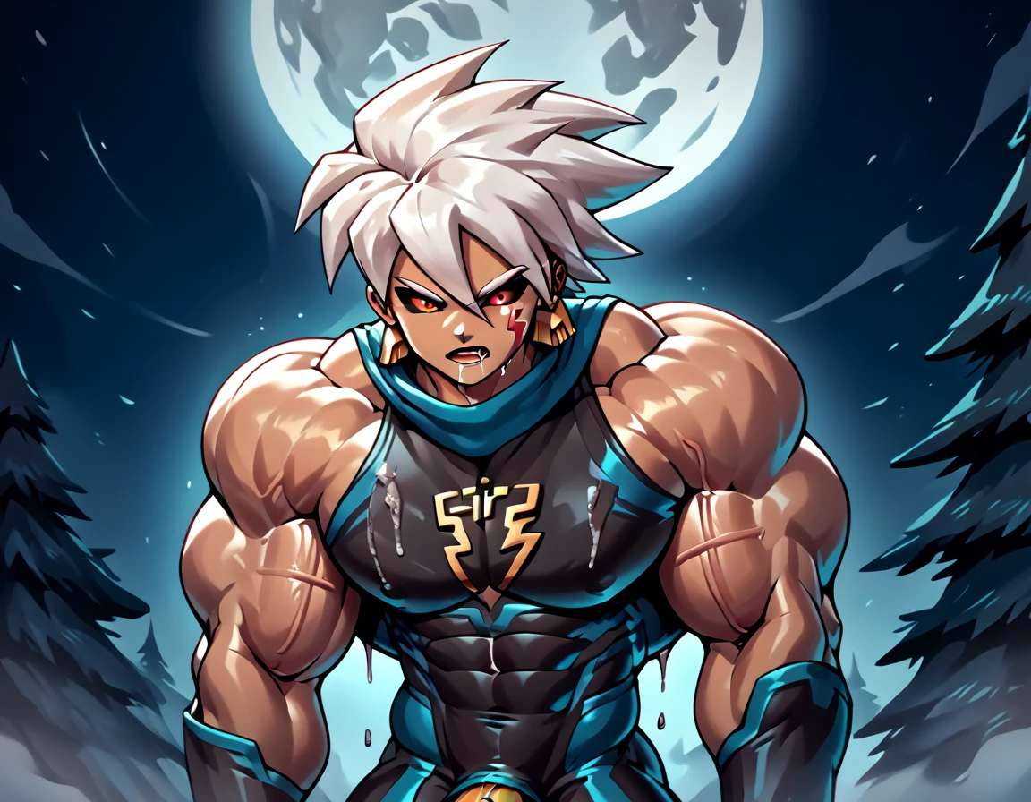  Anatomically Correct,  Max Image,(((( huge muscles,巨大なerection penis,,Dripping semen)))),source anime,highly detailed,score 9,score 8 up,score 7 up,male focus,((bl6ck _ sc1er6 , colored sclera, black sclera,gloves, elbow gloves, black gloves,  capelet , black  capelet , fingerless gloves))frown, cowboy shot, Alone ( mega man ), Alone, 1boy, white hair, spiked hair, hair between eyes, facial mark, white eyebrows, red eyes, dark skin, bodysuit, crest, earrings, long sleeves, upper body night, moon, outdoors,nsfw, penis,,erection, drool ,gigantic penis,上反り penis,Crying face, open your mouth wide and laugh