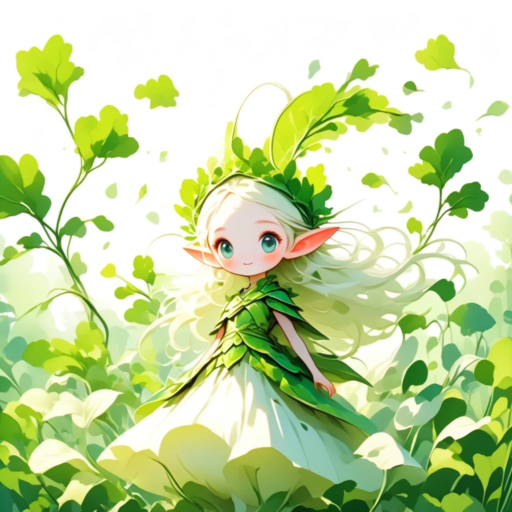 (masterpiece:1.2,  highres icon,  best quality:1.2),  1 daikon lady , (Warrior with a daikon motif :1.3, cute, cute),  elven pointed ears , Alone, whole body, A strong smile, Green big eyes, Green leaves long hair , bangs, pointy ears, Pure white skin,  wears a green daikon leaf as a costume BREAK white sword, Long daikon shape BREAK blue sky 