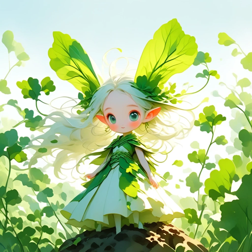 (masterpiece:1.2,  highres icon,  best quality:1.2),  1 daikon lady , (Warrior with a daikon motif :1.3, cute, cute),  elven pointed ears , Alone, whole body, A strong smile, Green big eyes, Green leaves long hair , bangs, pointy ears, Pure white skin,  wears a green daikon leaf as a costume BREAK white sword, Long daikon shape BREAK blue sky 