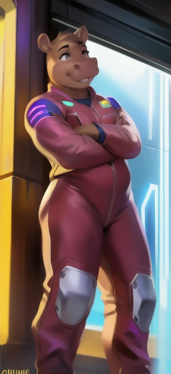 anime boy, crossdresser, 1boy, medium dark brown hair, red eyes, brown skin, wide hips, narrow waist and thick thighs, flustered, brushing, standing in space, flat chest, full body suit, visible bulge, skin tight space green quantum space suit in outer space