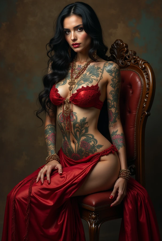 Vedhika mature as tattoo model, full body covered in coloured tattoo, exposing full tattooed bare body, showing entire body, mature curvy milf figure, thigh high, breast , healthy milf figure, long open hair, bright sunny day, loose breast, traditional naked, hairy , , look at camera and smile, erotic adult face, 35 yo, volumetric lights, intricate details, (ArtStation:1.2), sitting on a throne, sexy open legs, hot bare feet, divine power, angry face , red eyes