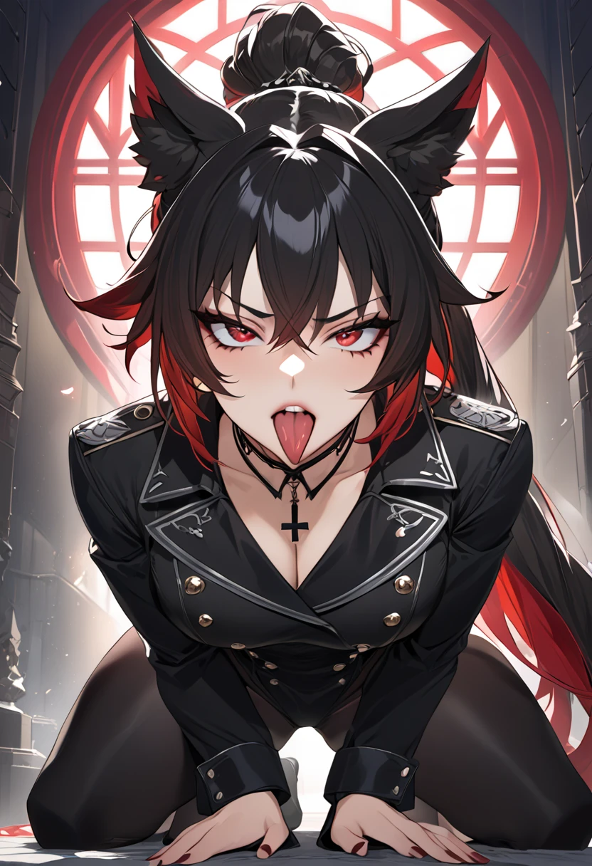 beautiful anime woman wearing a black military trench coat, tight black jeans pants, wolf ears, wolf tail, half wolf and half human, red eye color, black hair in a ponytail, light novel art, detailed anime art, anime, regal, royal, sexy, thicc, beautiful feminine facial features, flirtatious, sultry, slutty, petite, sharp canines, aheago, villain, all black clothing, high quality, very detailed anime art, feminine, slender face, military general vibes, pretty girl, good lighting, red highlights, lewd smile, cute, naughty wolf girl, cross eyed sticking her tongue out like a slut, naughty and silly lewd expression, very horny wolf girl, bad bitch, naughty slut, bad girl, bad bunny, hentai aheago, on her knees, kneeling blowjob, on knees position looking up lewdly, blowjob gesture, horny, pleading, desperate to suck dick, detailed lewd expression, detailed horny facial features