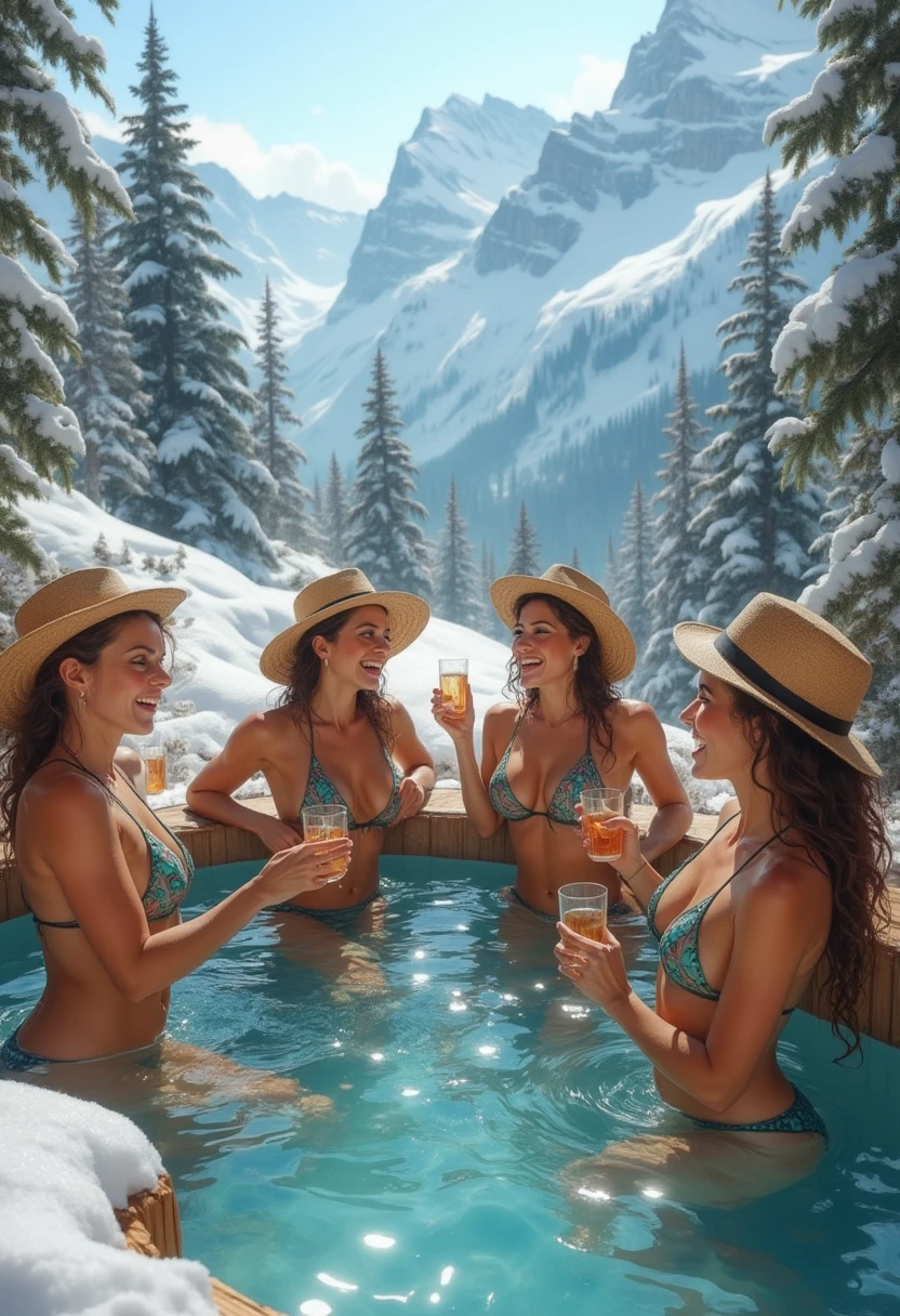 We are in a fabulous is luxurious outdoor spa on a snowy mountain and gently snows four beautiful women in bikini tight and provocative with hats and sunglasses are inside the hot water of the pool outdoors in the background mountains Snow-covered, They celebrate and sing and drink from small glasses of the potentissima and alcoholic wodka 