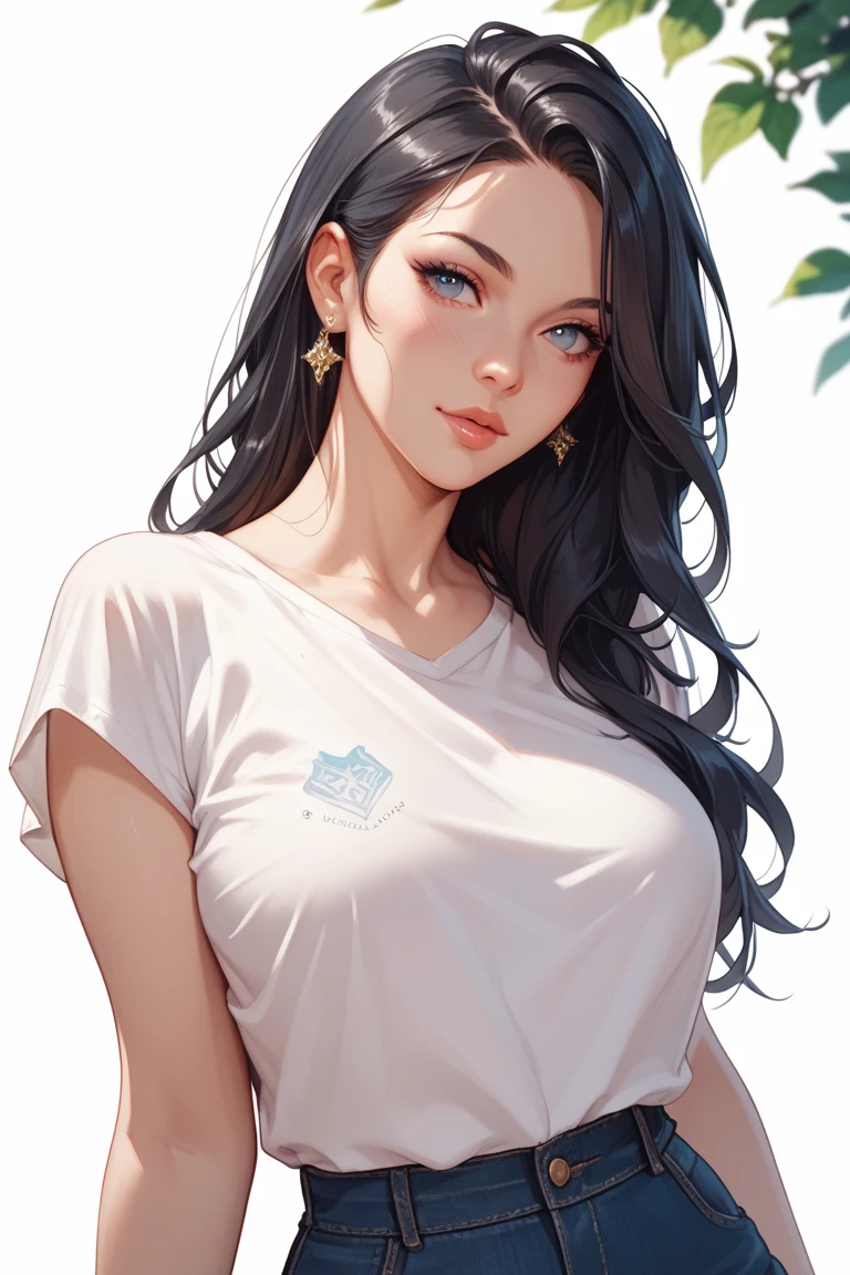 Amazing portrait of a sexy woman wearing her long straight luscious black hair, seductively gazing and smiling, soft lips, parted, blushing intensely, smiling, olive green crop top, white cargo pants, white shirt, medium chest, cleavage, perfect body