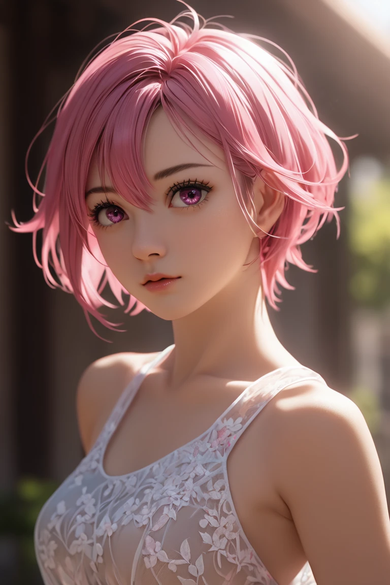 Masterpiece, top quality, ultra detail, beautiful detail, depth of field, dynamic angle, 8k wallpaper, portrait, best light and shadow quality, 4k, 8k, CG, fine details, blurry background, contemporary, transparent dress, beautiful eyes, beautiful splashes, Aira Shiratori Beautiful eyes, Asymmetrical left heaping short hair, Acrobatic pose, Stupid hair, Pink hair, Pink eyes, big tits, Cowboy shot