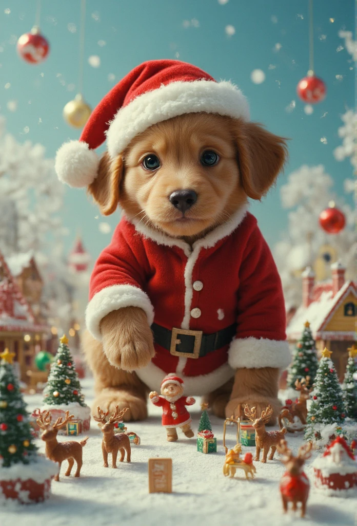  There is a huge cool puppy in a miniature world、 Santa hat and clothing、Fluffy fur、Delicate、 Cute Christmas Scene 、 Miniature-sized reindeer 、 Rolling Ornaments Colorful Balls、 Pop Music、 fairy tale、Delicious Biscuit Town 、 Snow Is Sparkling 、Big Signs Speak 、sing、Fine expression 、 soft gentle expression 、DYNAMIC PUPPY FACE 、 Happy surreal scene creating a fun atmosphere 