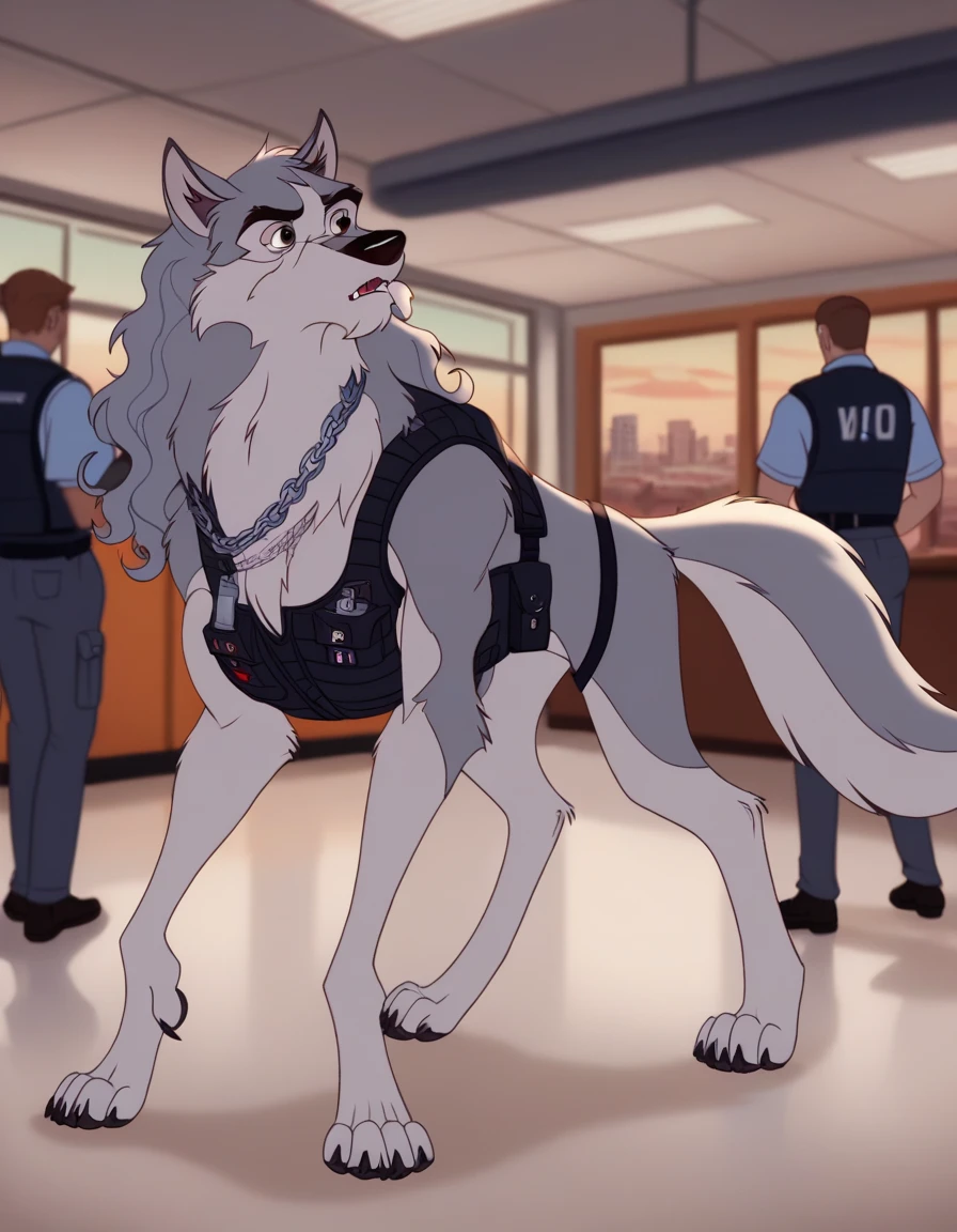 score_9, score_8_up, score_7_up, score_6_up,   adult, Anthropomorphic, wolf, black airport security vest, airport cargo room, Chain collar,long haired, wavy hair, Disney art style, human body, safety gear, tactical uniform, reflective Stripes, facial hair, sniffing in the airport cargo room, furry wolf, long slender snout, long wavy hair, extra long fluff, sniffling boxes, no humans, Accurate, Anatomically Correct, walking on all fours 