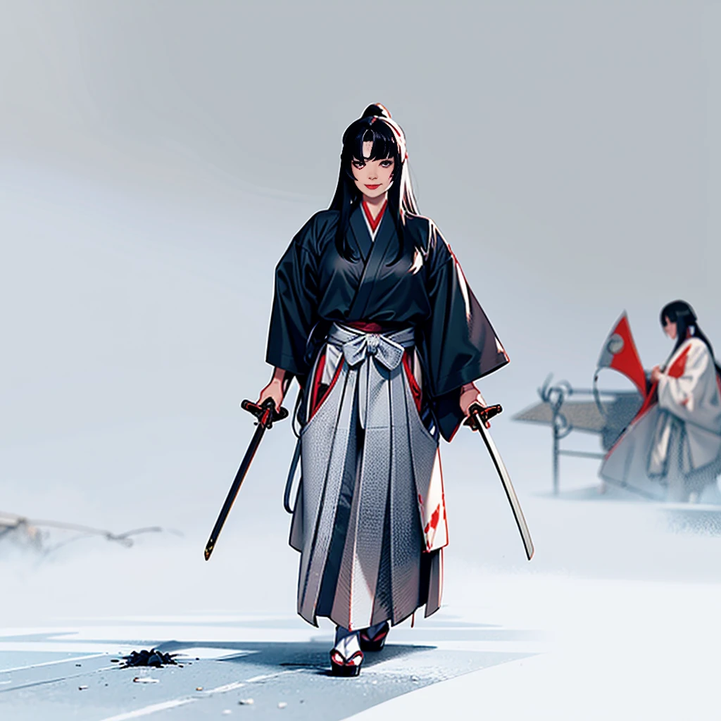 Japanese dark haired female samurai with katana and a red and white hakama costume is standing triumphantly over the body of a bloody hakama costumed female samurai. An evil smirk crosses her black lips. Evil wins, lots of dead bodies and destruction.