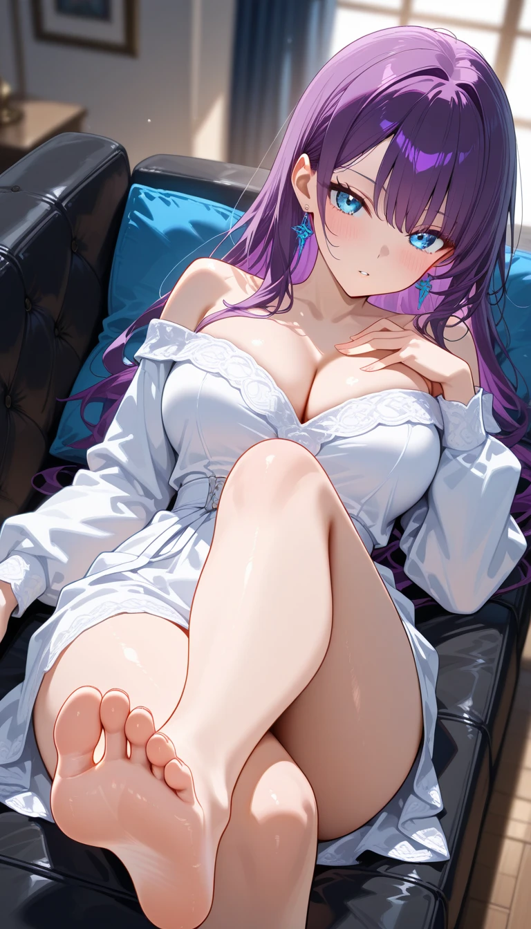 1girl, solo, foot focus, from above, dutch angle, bare shoulders, blue eyes, blush, cleavage, earrings, crossed legs, hand on own chest, on couch, indoors, jewelry, long hair, long sleeves, looking at viewer, lying, large breasts, off shoulder, on back, parted lips, cushion, purple hair, solo, double long tied, (blurry background), depth of field, masterpiece, best quality, good quality, newest, ultra quality, high detailed